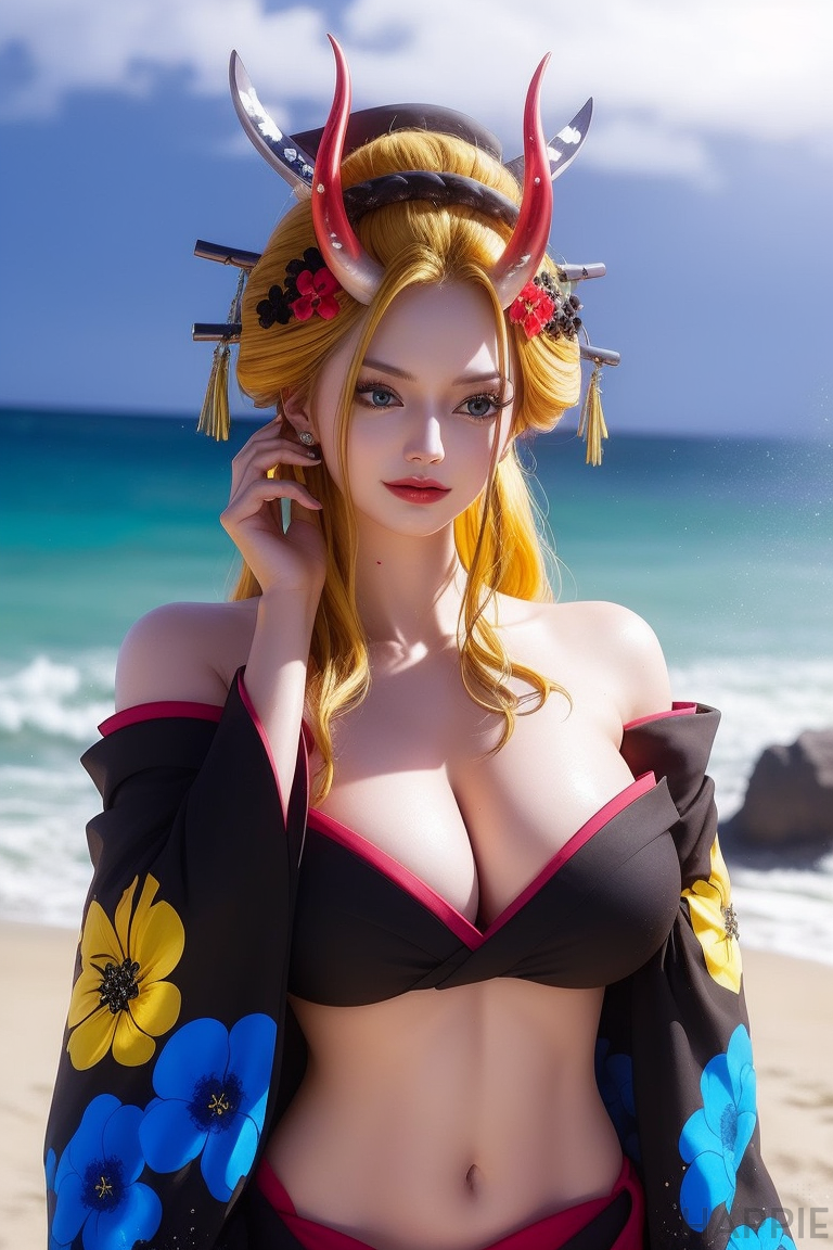 3dcg ai_generated beach beast_pirates big_breasts bikini_top black_maria blonde_hair blue_eyes breasts female female_only flower_in_hair geisha happie_(artist) horn horns kimono oiran one_piece realistic sea seaside sunny wano_country