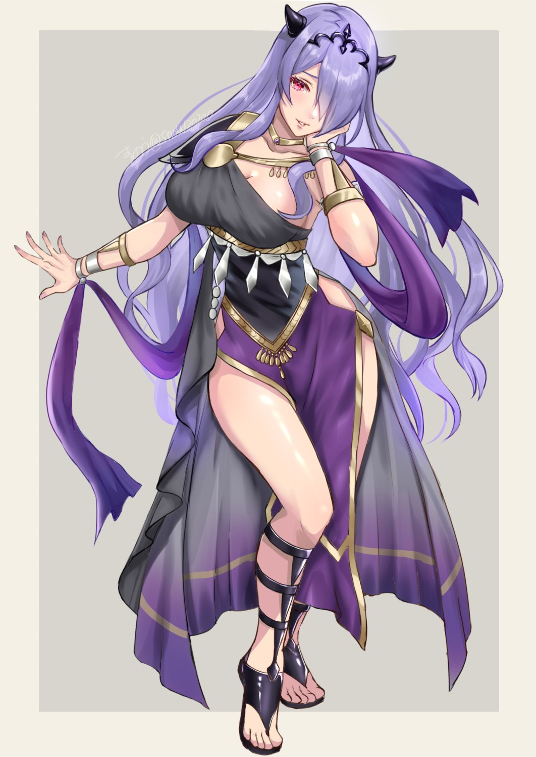 1girls alternate_costume armlet bracelet breasts camilla_(fire_emblem) cleavage dancer dancer_(three_houses) dress female female female_only fire_emblem fire_emblem:_three_houses fire_emblem_fates gladiator_sandals greek_clothes hair_over_one_eye highres jewelry large_breasts legs long_hair looking_at_viewer nintendo pelvic_curtain purple_eyes purple_hair sandals single-shoulder_dress smile snow20200 solo toes