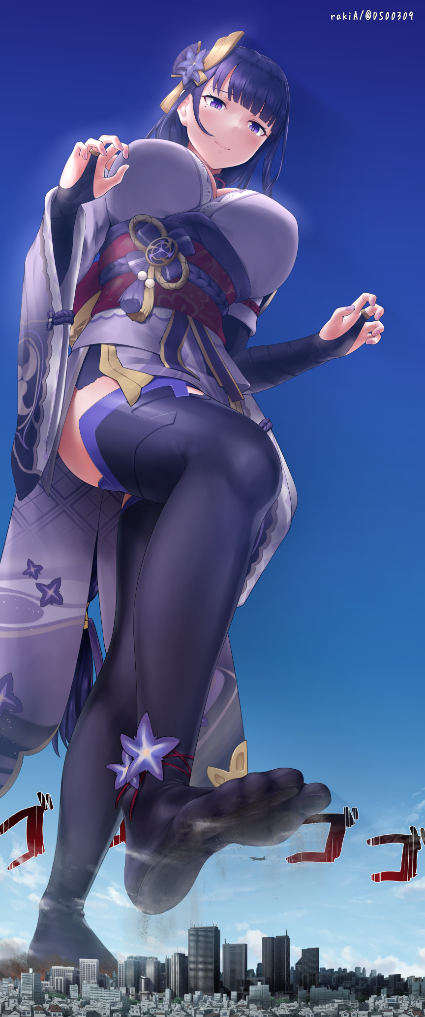 1girls big_breasts breasts city city_destruction crush female genshin_impact giantess giga_giantess imminent_crush light-skinned_female medium_hair mole_under_eye purple_hair raiden_shogun rakia_(ds00309) skyline solo solo_female solo_focus video_game video_game_character