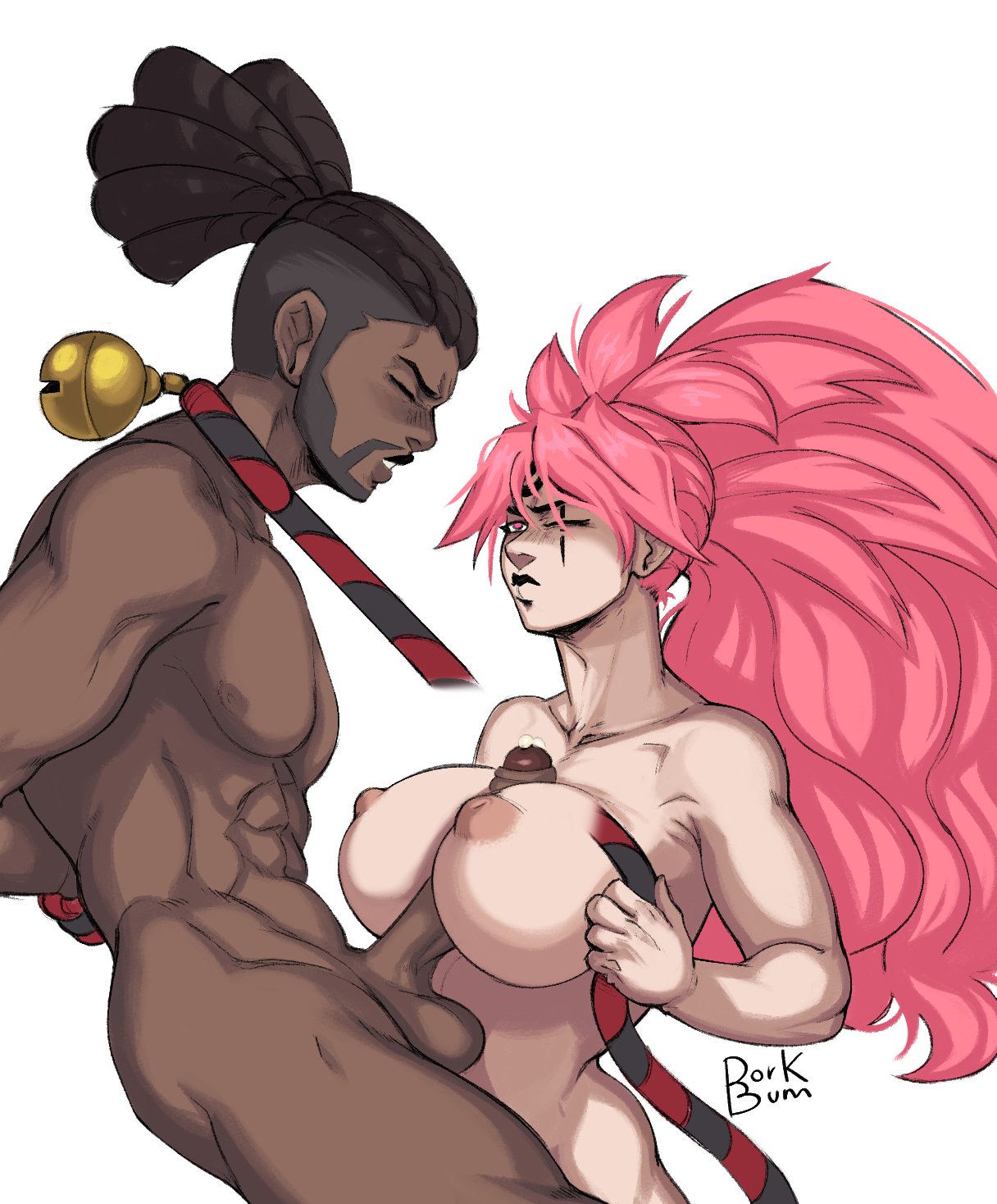 angry angry_face asian asian_female baiken bell big_breasts big_penis bondage dark-skinned_male dark_skin dork_bum dorkbum femdom guilty_gear huge_breasts interracial large_breasts large_penis light-skinned_female light_skin long_hair male malesub muscular_male nagoriyuki paizuri penis pink_eyes pink_hair ponytail precum rope scar