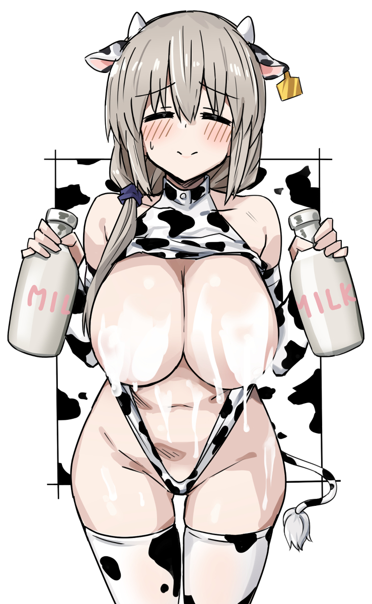 animal_ears animal_print blush bottle breasts breasts_out closed_eyes cow_ears cow_horns cow_print cow_tail ear_tag fake_animal_ears fake_tail female grey_hair highres holding holding_bottle horns lactation large_breasts long_hair low_ponytail milk milk_bottle momoiro_tunozemi print_thighhighs solo sweatdrop tail thighhighs uzaki-chan_wa_asobitai! uzaki_tsuki