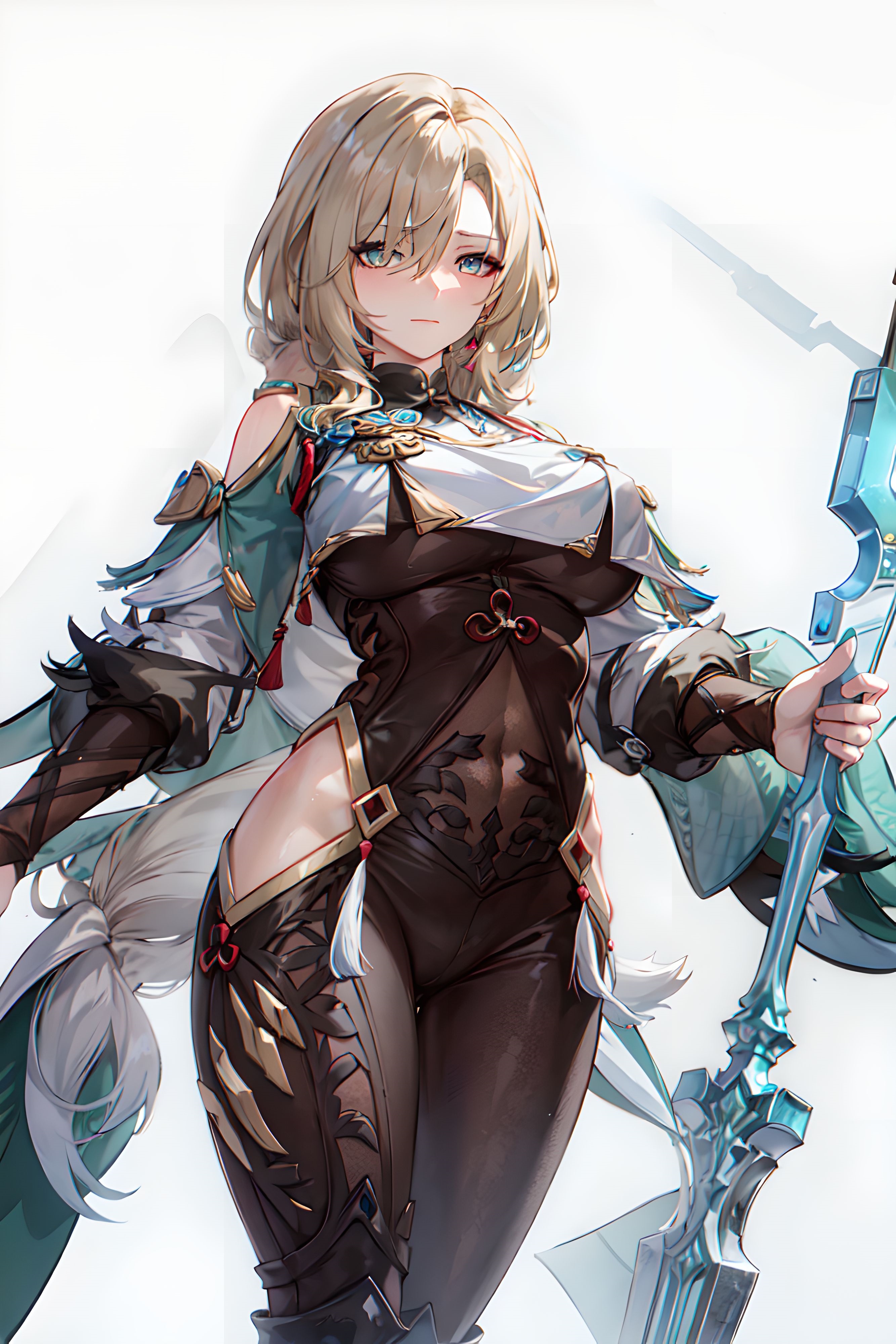 1girls, ai generated, bare hips, big breasts, blonde hair, blush, bodysuit, breast curtains, breasts, closed mouth, cocolia rand, cosplay, covered navel, crossover, female, genshin impact, hair over one eye, hi res, hip vent, holding spear, honkai: star rail, long hair, looking at viewer, mature female, milf, navel, shenhe (genshin impact) (cosplay), solo, spear, thick thighs, thighs, tight clothing, white background, wide hips