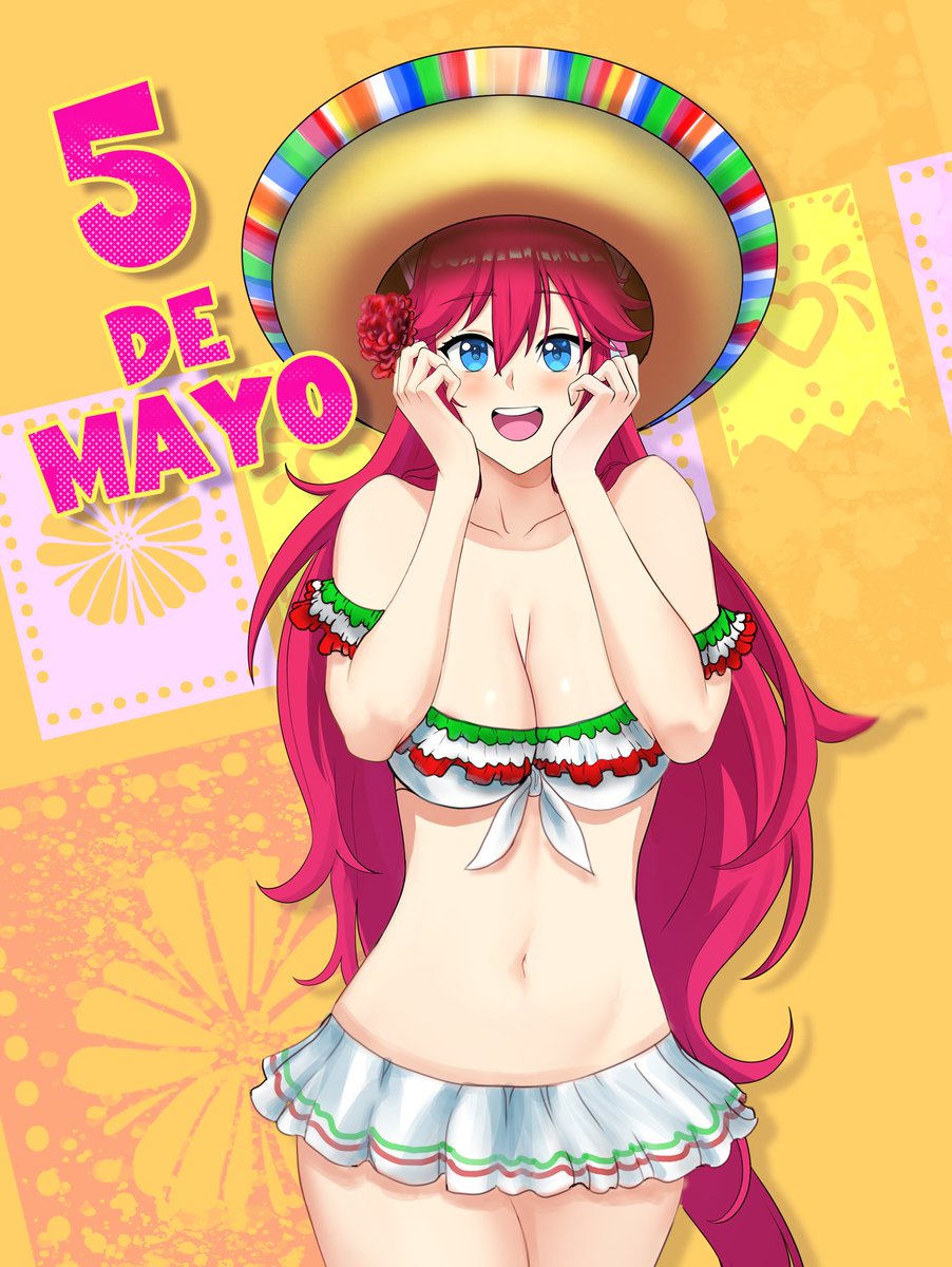 big_breasts blue_eyes blush cinco_de_mayo cleavage flower_in_hair hourglass_figure long_hair long_pink_hair looking_at_viewer miniskirt nutaku nutaku-tan pink_hair smile smiling_at_viewer sombrero