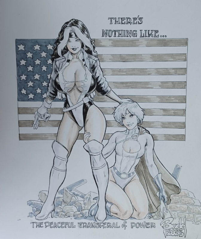 2023 2girls american_flag anna_marie bell_haircut big_breasts breast_expansion budd_root crossover dc dc_comics female female_only karen_starr kneeling marvel power_girl rogue_(x-men) short_hair superheroine text x-men