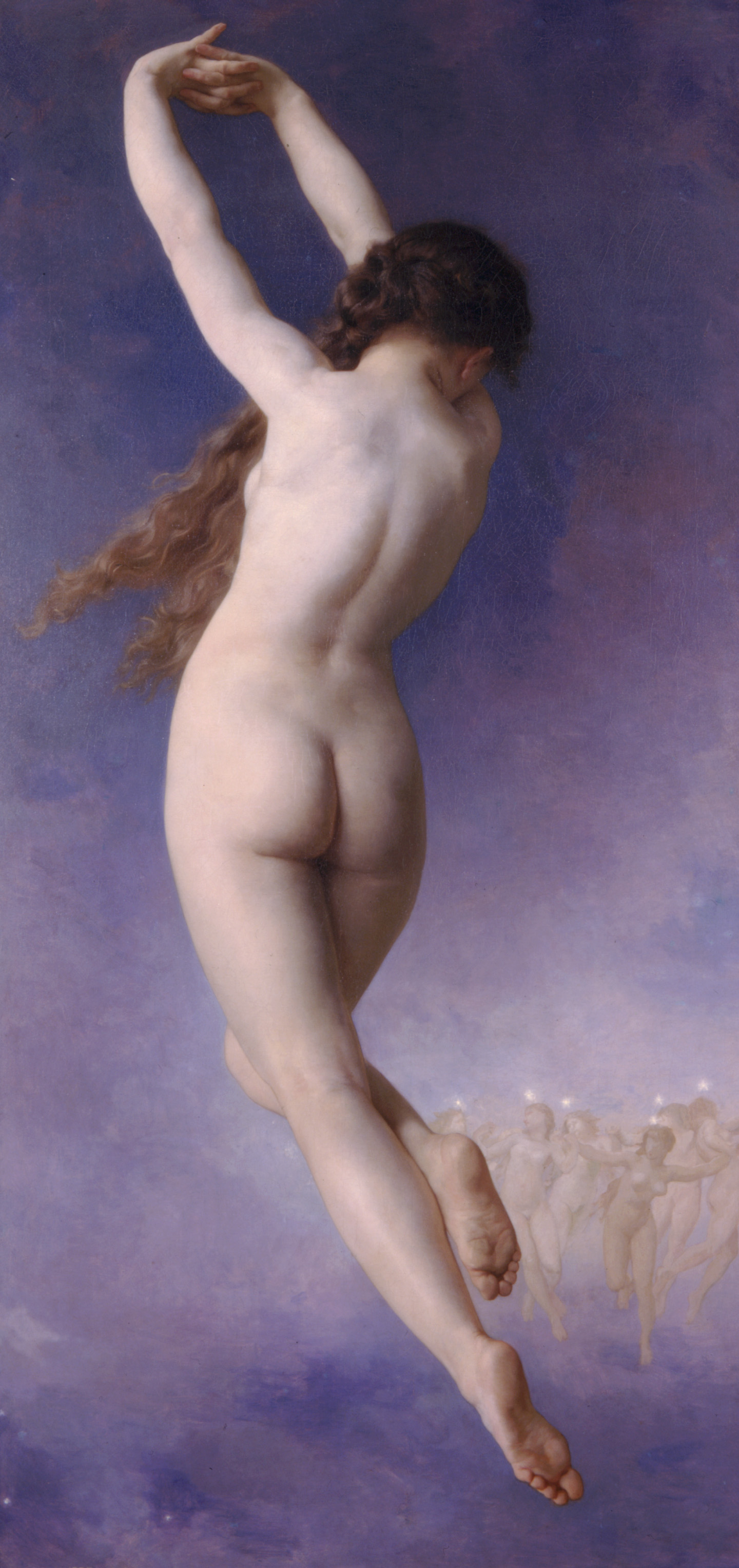 6+girls, ass, back view, braids, breasts, brown hair, dancing, feet, female, female only, fine art, greek mythology, light skin, light-skinned female, long hair, medium breasts, multiple females, multiple girls, nude, nude female, plejade, public domain, purple background, realistic, simple background, stretching, verlore plejade, william-adolphe bouguereau