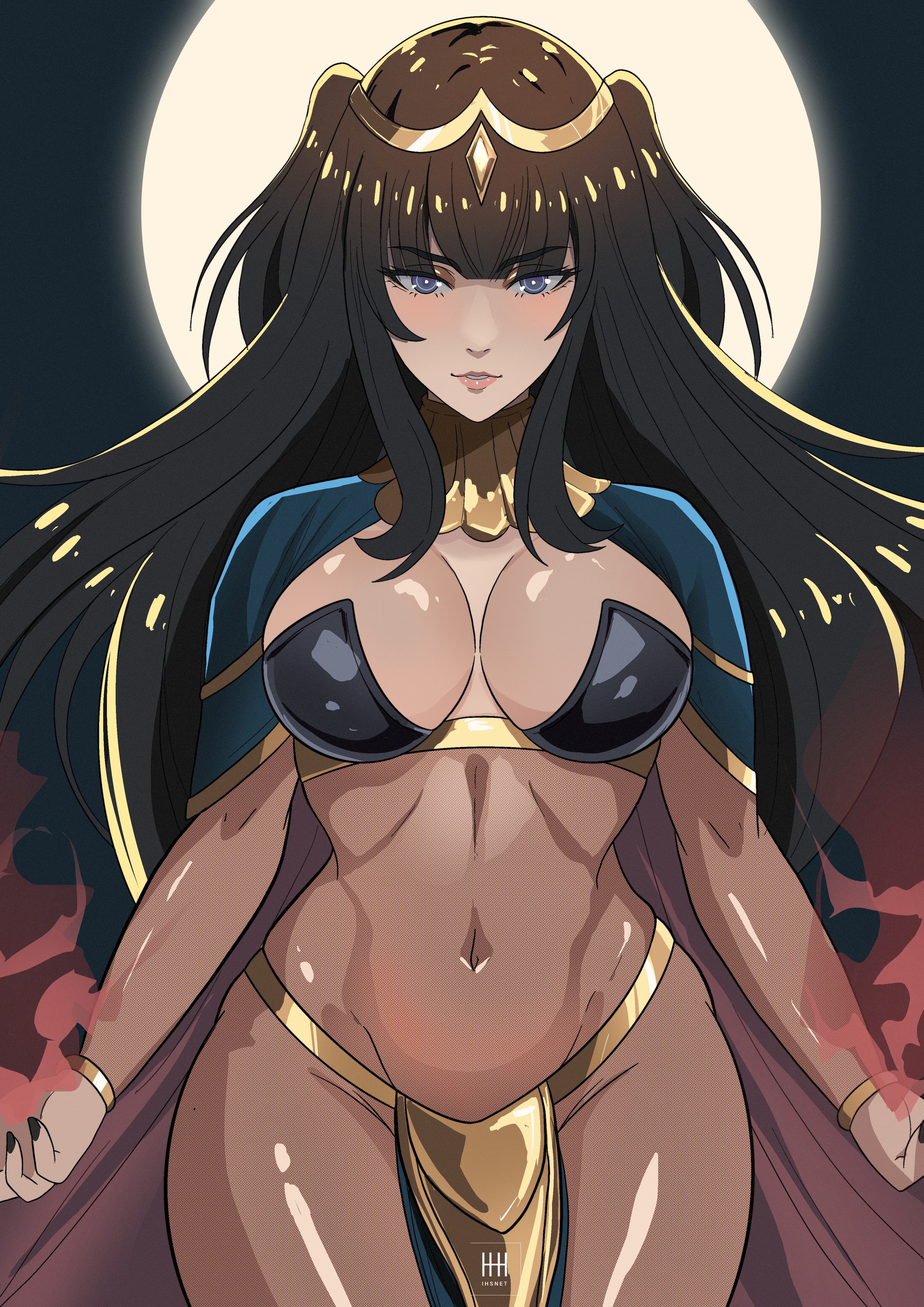1girls, absurdres, artist name, black hair, blush, bodystocking, breasts, cape, commentary, covered navel, female, female only, fingernails, fire emblem, fire emblem awakening, full moon, gold trim, highres, ihsnet, jewelry, large breasts, lips, loincloth, long hair, looking at viewer, moon, nail polish, navel, nintendo, parted lips, pelvic curtain, purple eyes, revealing clothes, signature, simple background, solo, tharja (fire emblem), tiara, turtleneck