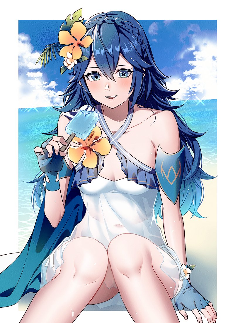 1girls adapted_costume alternate_costume alternate_hairstyle ameno_(a_meno0) bikini blue_eyes blue_hair blush braid breasts crown_braid female female female_only fingerless_gloves fire_emblem fire_emblem_awakening fire_emblem_heroes gloves long_hair looking_at_viewer lucina_(fire_emblem) navel nintendo official_alternate_costume open_mouth see-through small_breasts smile solo swimsuit white_bikini white_swimsuit