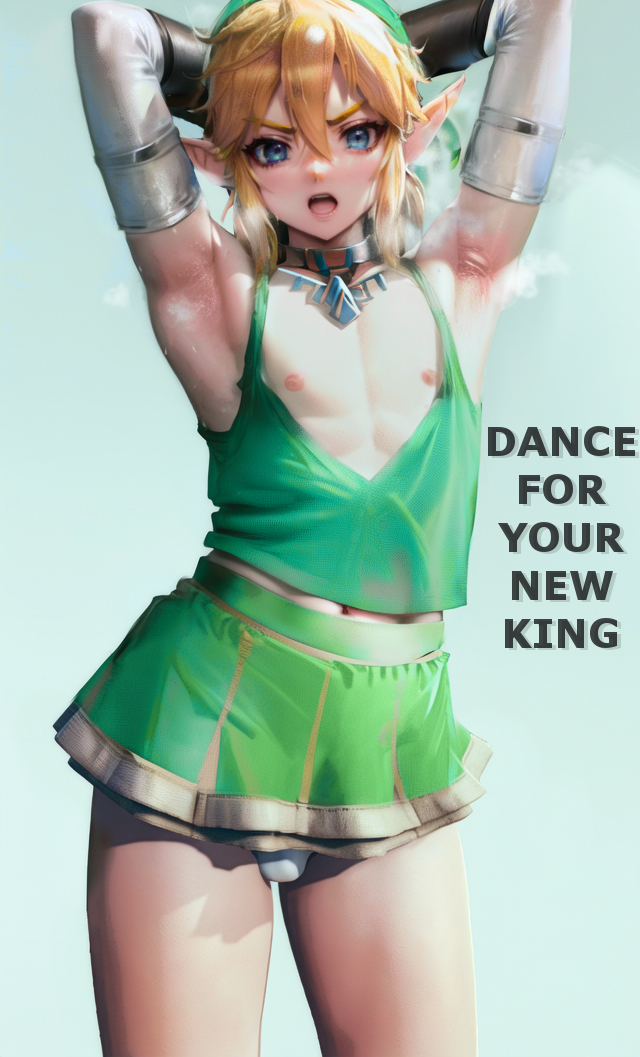 1boy, ai generated, armpits, balls, balls bulge, balls in panties, balls under clothes, crossdressing, dancing, femboy, flaccid, girly, hands behind head, hdregrets, link, male, male only, panties, panty bulge, penis, penis bulge, penis in panties, penis under clothes, stable diffusion, the legend of zelda