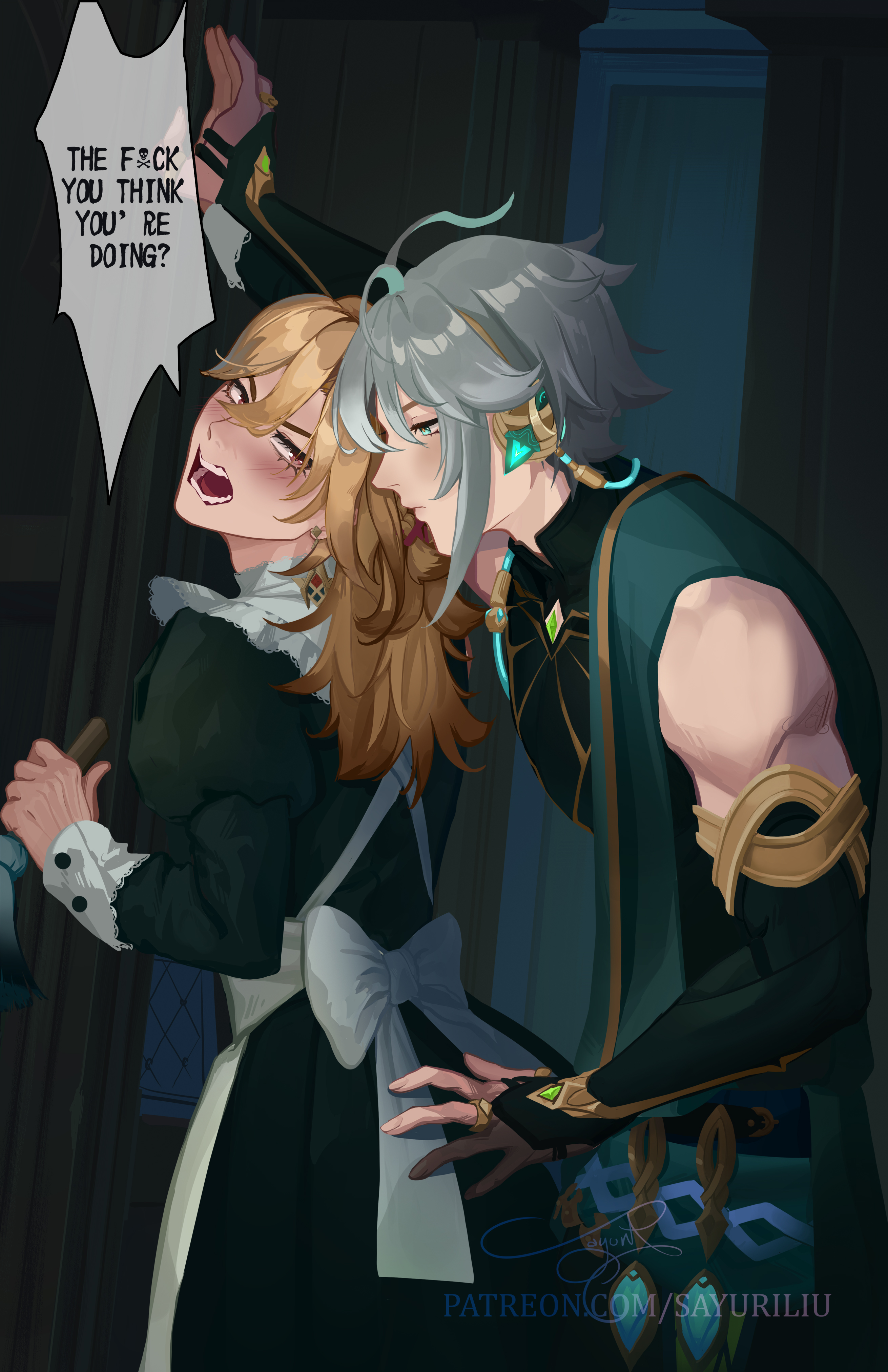 2boys, against wall, alhaitham (genshin impact), angry, ass, ass grab, blonde hair, blush, crossdressing, dress, english text, femboy, genshin impact, green hair, holding hands, horny, horny male, kaveh (genshin impact), maid, maid uniform, male, male only, profanity, restrained, sayuri liu, text bubble
