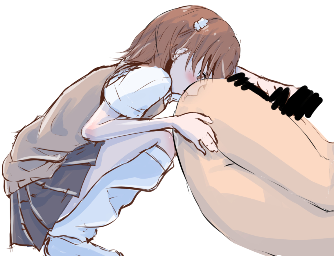 1boy, 1girls, 2020s, 2021, anus, ass, balls, bar censor, bare ass, bare thighs, blush, brown eyes, brown hair, censored, clothed, clothed female, clothed female nude male, completely nude, doujin shimei, erection, faceless male, female, female focus, from side, hair flower, hair ornament, handjob, indoors, kneehighs, licking, licking anus, loose socks, male, male/female, matching hair/eyes, midriff, misaka mikoto, navel, nude, nude male, oral, penis, penis grab, rimming, school uniform, schoolgirl, short hair, socks, teenage female, teenager, testicles, thighs, to aru kagaku no railgun, to aru majutsu no index, tokiwadai school uniform, tongue, tongue out, upside-down, white background, white socks, young