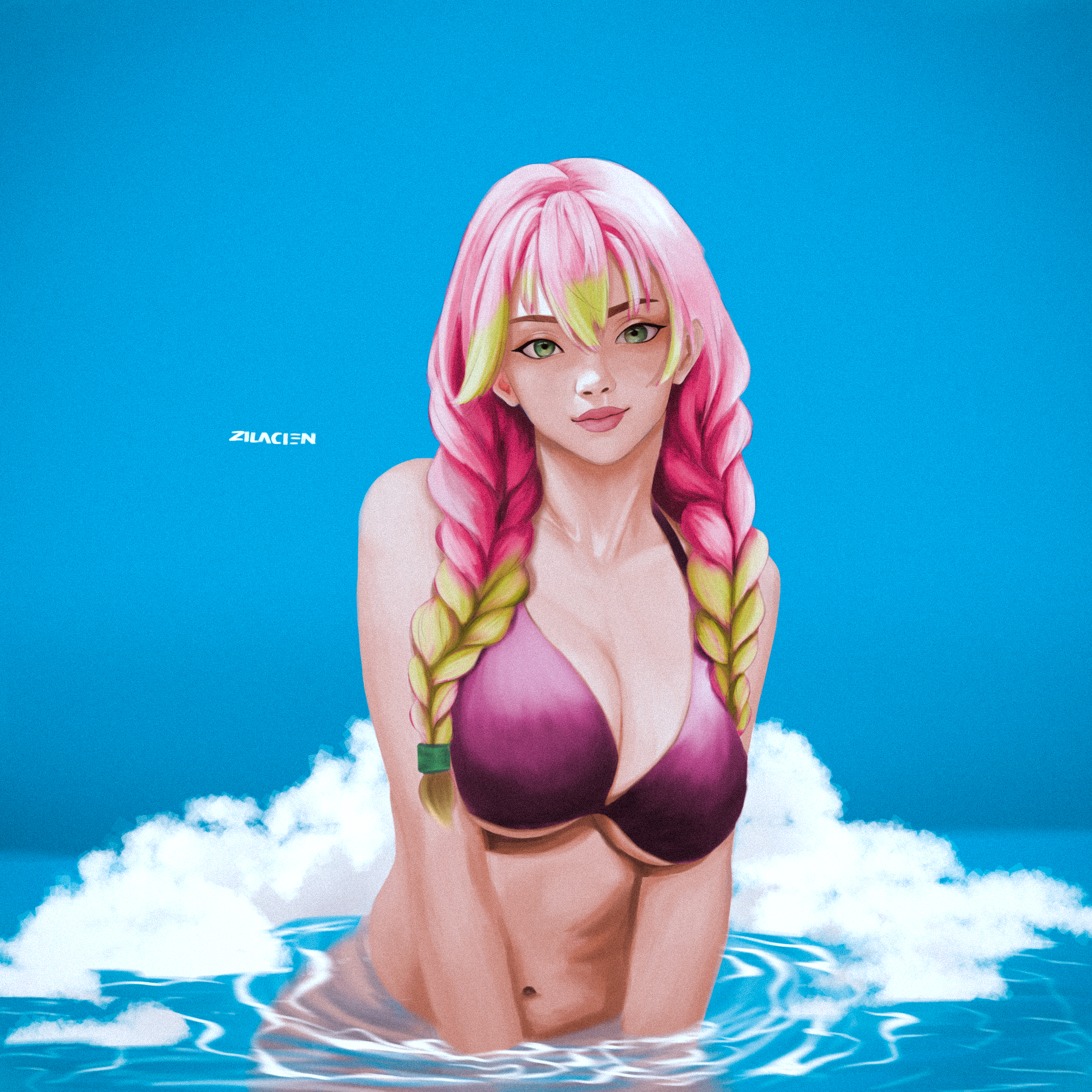 1girls, big breasts, bikini, blush, braid, braided hair, breasts, cleavage, clothed, clothing, demon slayer, female, female only, green eyes, green hair, hair, huge breasts, kanroji mitsuri, kimetsu no yaiba, large breasts, lipstick, long hair, looking at viewer, pink hair, realistic, sideboob, smile, solo, standing, uncensored, underboob, upper body, water, wet, white body, wide hips, zil a cien