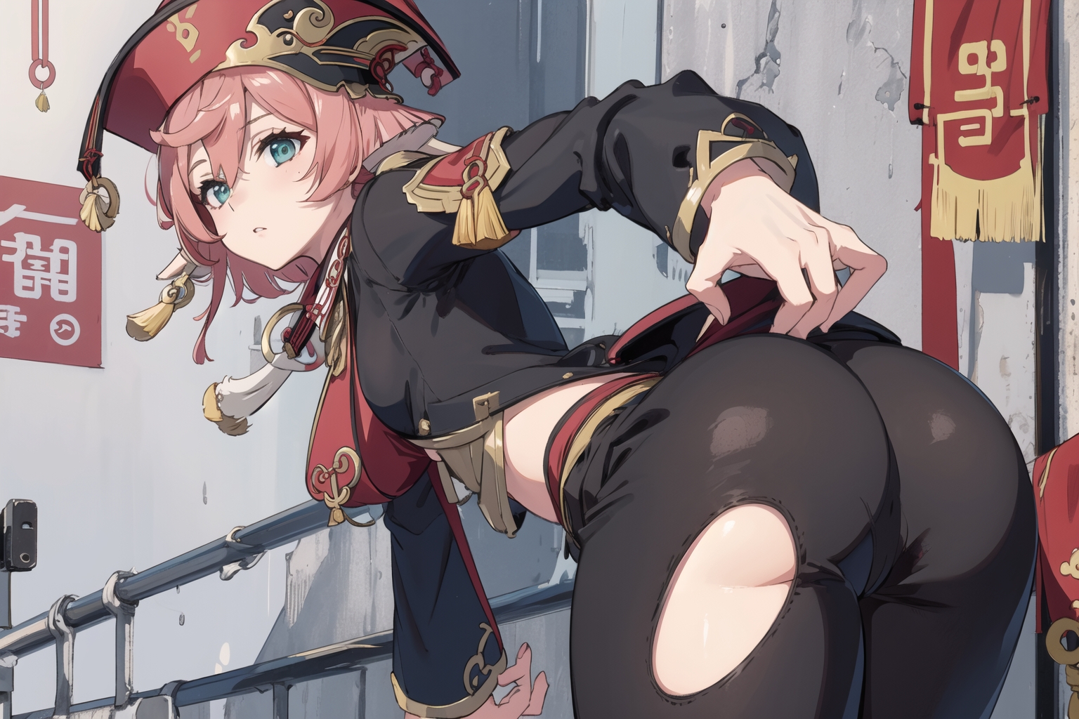 ai generated, alternate costume, antlers, ass, ass focus, blush, breasts, cameltoe, female, from behind, genshin impact, green eyes, hat, hip vent, huge ass, large breasts, leaning, leaning forward, long hair, looking at viewer, pants, pink hair, pussy, shiny, shiny clothes, shiny hair, shiny skin, sideboob, solo, tight pants, yanfei (genshin impact)