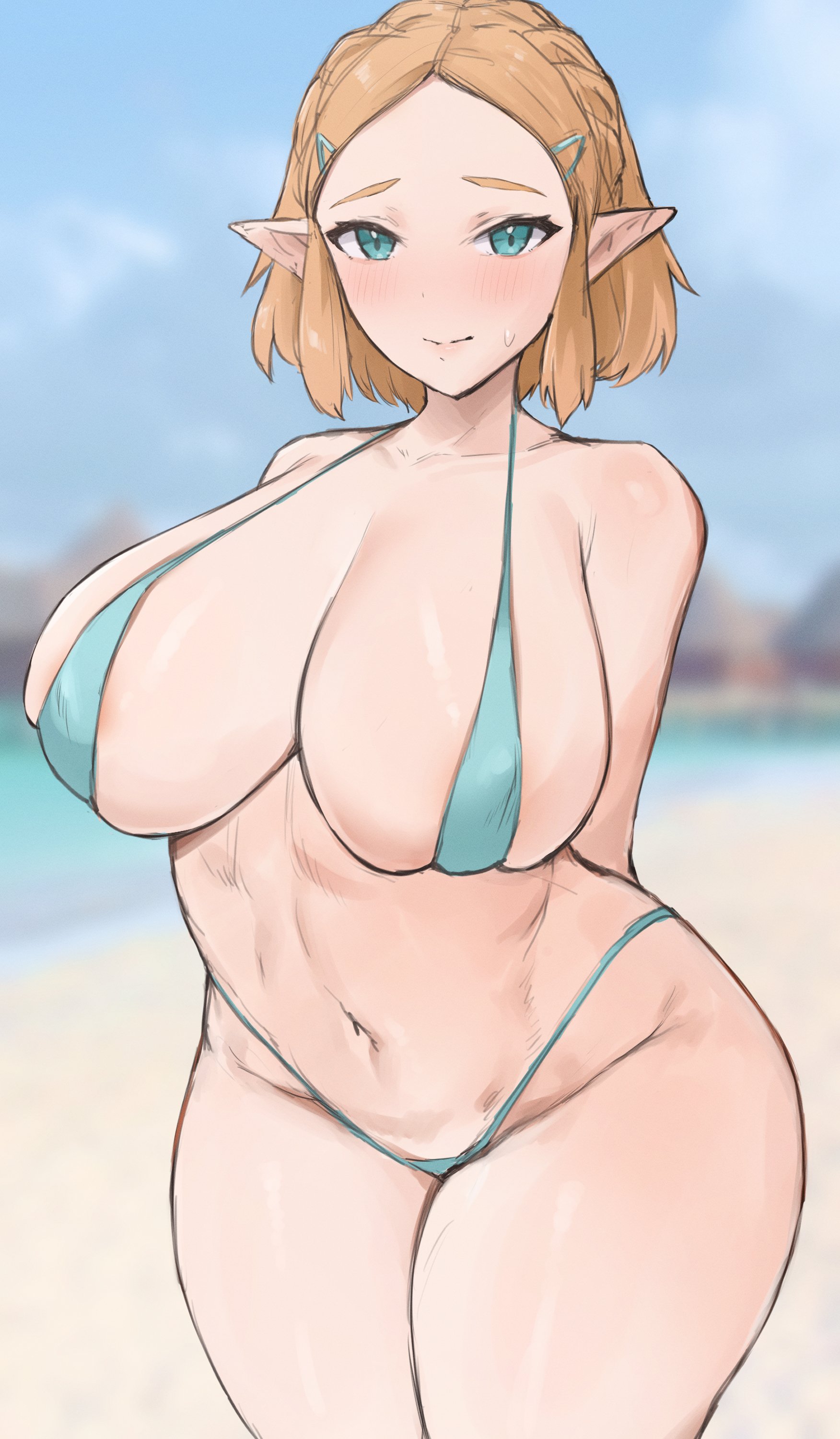 1girls, alternate breast size, barely clothed, beach, bikini, blonde hair, breasts, female, green eyes, huge breasts, kataku musou, light skin, light-skinned female, naughty face, nintendo, outdoors, pointy ears, princess zelda, short hair, smile, swimsuit, tears of the kingdom, the legend of zelda, thick thighs, thighs, wide hips, zelda (tears of the kingdom)