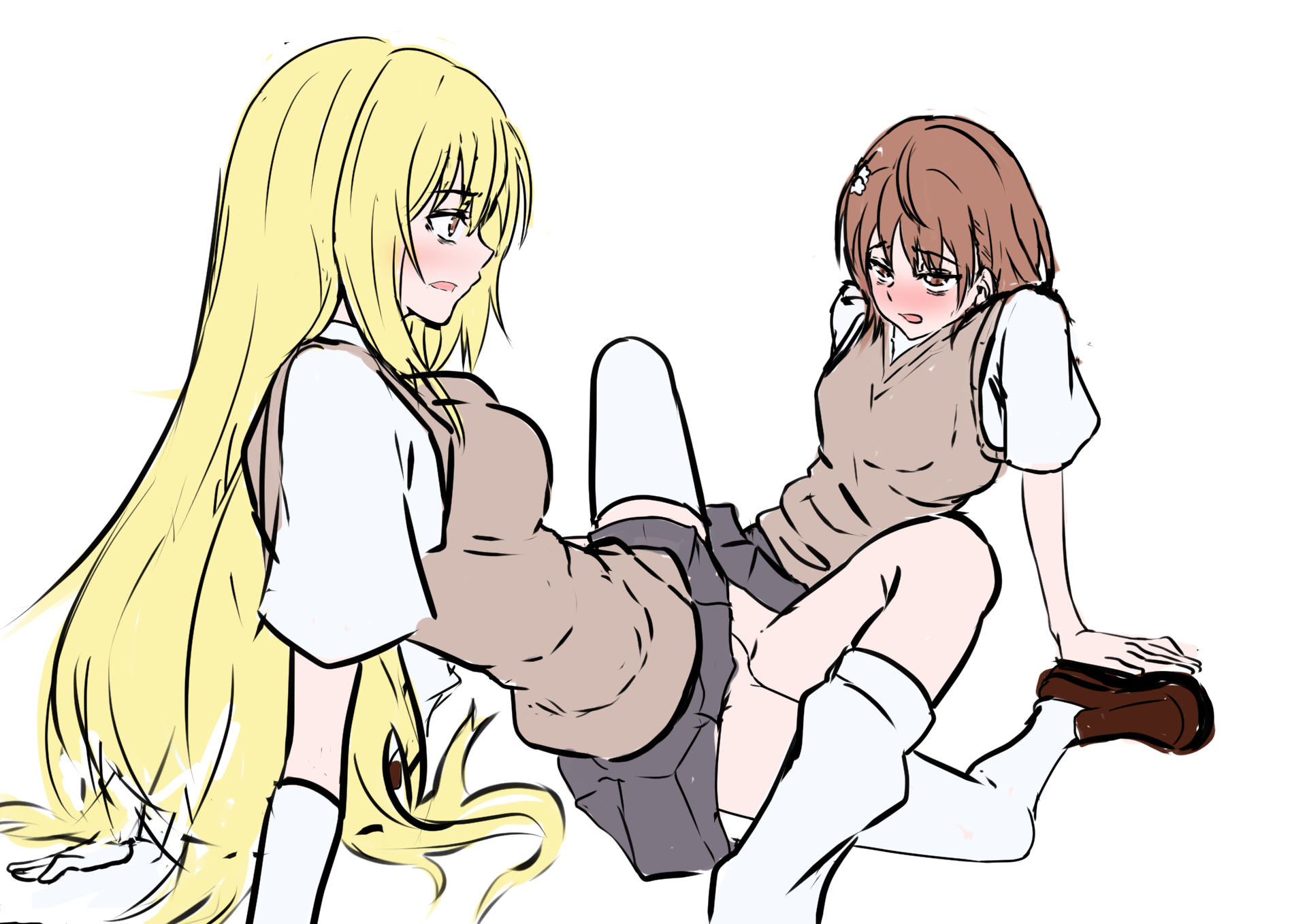 2020, 2020s, 2girls, bare thighs, blonde hair, blush, bottomless, breast size difference, breasts, brown eyes, brown hair, brown loafers, cleavage, clothed, clothed female, clothed sex, doujin shimei, female, full body, gloves, hair flower, hair ornament, heavy blush, hi res, kneehighs, large breasts, lesbian sex, loafers, long hair, looking at partner, loose socks, matching hair/eyes, medium breasts, misaka mikoto, no panties, open mouth, panties removed, realistic breast size, school uniform, schoolgirl, scissoring, sex, shokuhou misaki, short hair, simple background, small breasts, socks, teenage female, teenager, teenager on teenager, thigh socks, thighhighs, thighs, to aru kagaku no railgun, to aru majutsu no index, tokiwadai school uniform, tribadism, white background, white gloves, white socks, yellow eyes, young, yuri