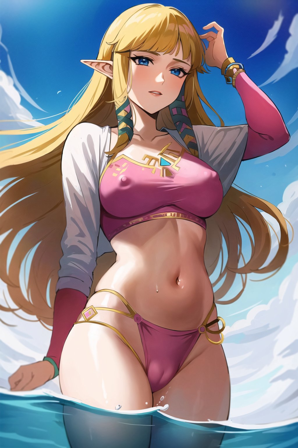 1girls, ai generated, big breasts, bikini, blonde hair, blue eyes, breasts, covered nipples, female, female only, long hair, looking at viewer, nintendo, osyasenpai, outdoors, pointy ears, princess zelda, solo, solo female, stable diffusion, swimsuit, the legend of zelda, very long hair, zelda (skyward sword)