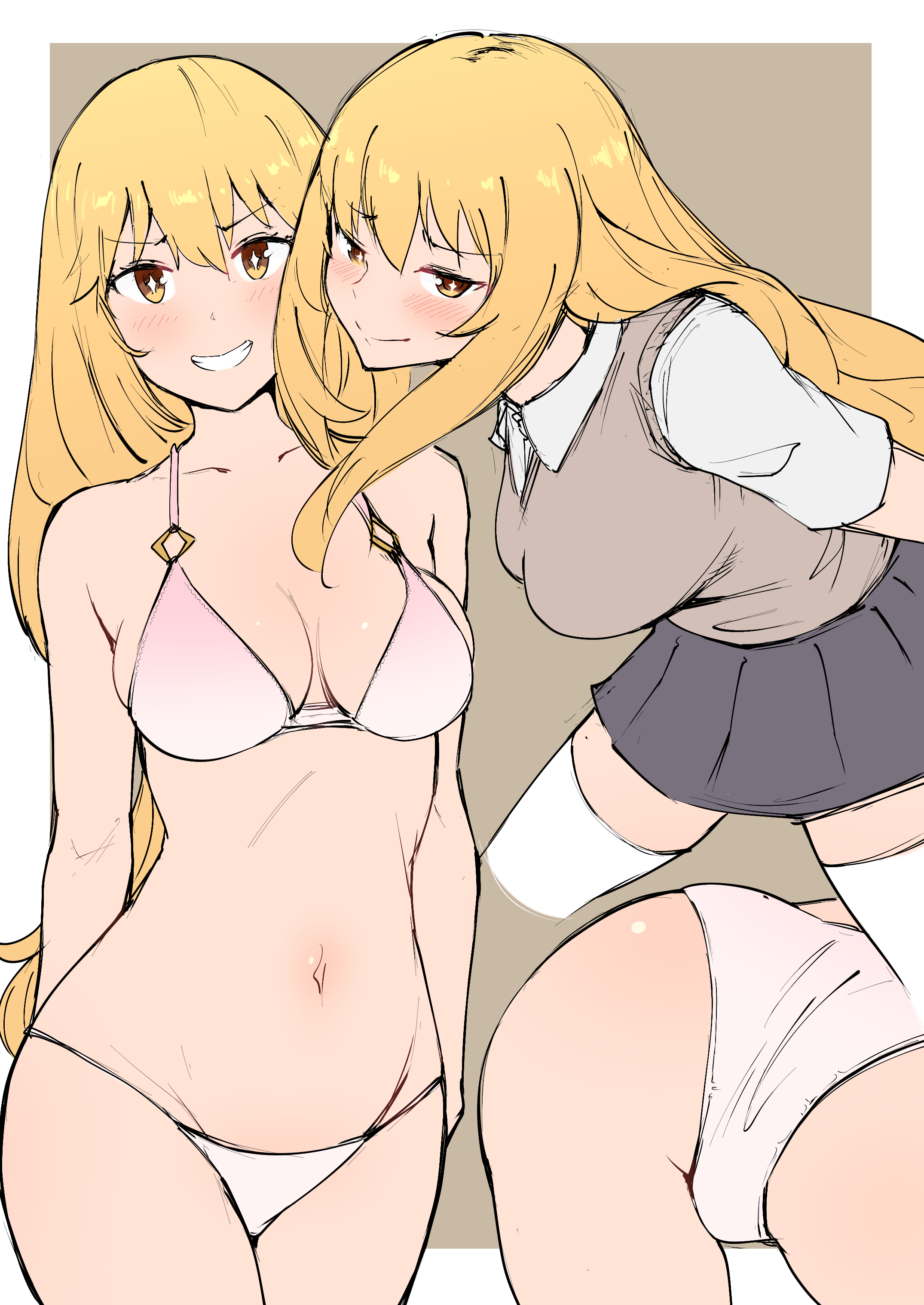 + +, 1girls, 2020s, 2022, absurd res, ass, bikini, black skirt, blonde hair, blush, breasts, clenched teeth, closed mouth, collarbone, female, grin, groin, hi res, large breasts, light skin, light-skinned female, long hair, long sleeves, looking at viewer, matching hair/eyes, multiple views, navel, panties, pleated skirt, school uniform, schoolgirl, shokuhou misaki, simple background, skirt, smile, swimsuit, teenage female, teenager, teeth, thighhighs, thighs, to aru kagaku no railgun, to aru majutsu no index, tokiwadai school uniform, unusual anatomy, unusual eyes, unusual pupils, upper body, valtor, vest, white bikini, white thighhighs, wing collar, yellow eyes, young