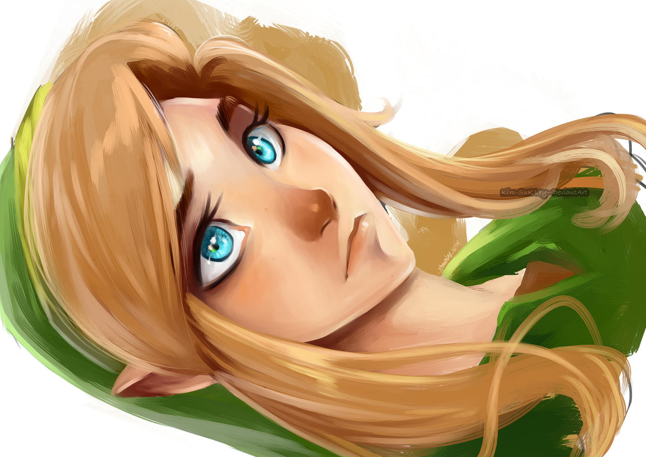 a_link_between_worlds blond_hair blue_eyes confused_look eyelashes femboy feminine_male green_shirt horizontal hylian hylian_ears kim-sukley link link_(a_link_between_worlds) painting_(artwork) pretty_boy red_nose the_legend_of_zelda the_legend_of_zelda:_a_link_between_worlds white_background