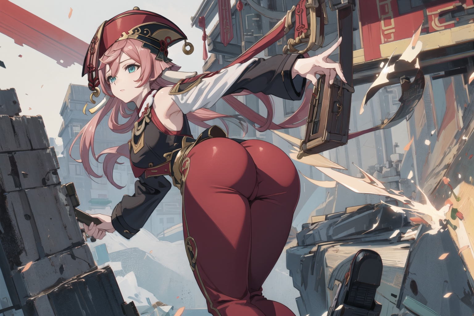 ai generated, alternate costume, antlers, ass, ass focus, blush, breasts, cameltoe, female, from behind, genshin impact, green eyes, hat, huge ass, large breasts, leaning, leaning forward, long hair, looking at viewer, pants, pink hair, pussy, shiny, shiny clothes, shiny hair, shiny skin, sideboob, solo, tight pants, yanfei (genshin impact)