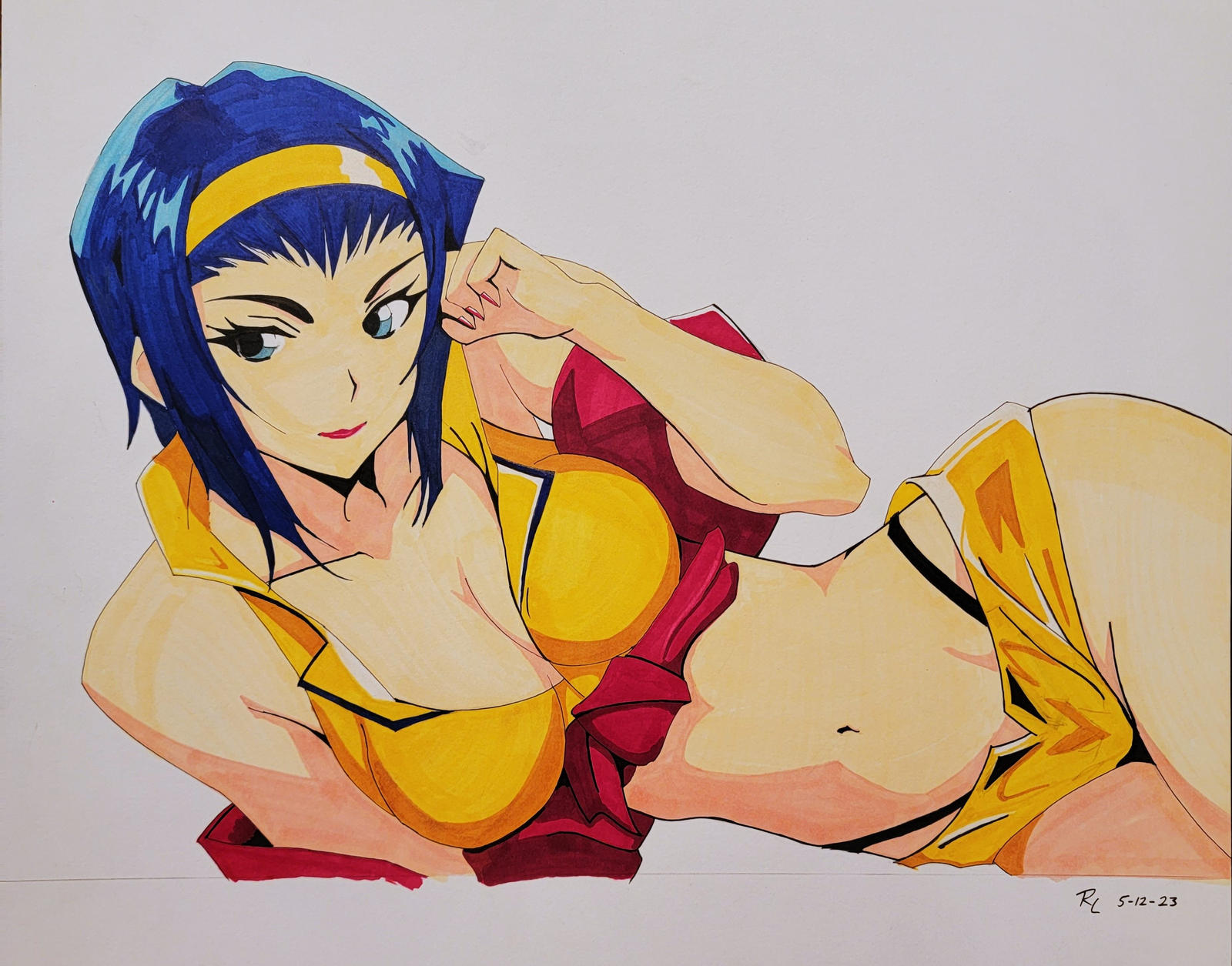 1girls, arm support, big breasts, blue eyes, blue hair, breasts, busty, cleavage, cowboy bebop, faye valentine, female, female only, hairband, hi res, human, large breasts, legs, light skin, light-skinned female, lying, midriff, navel, pale skin, pale-skinned female, pose, posing, purple hair, short hair, shorts, smile, solo, thighs, thong, traditional media (artwork), unzipped, voluptuous