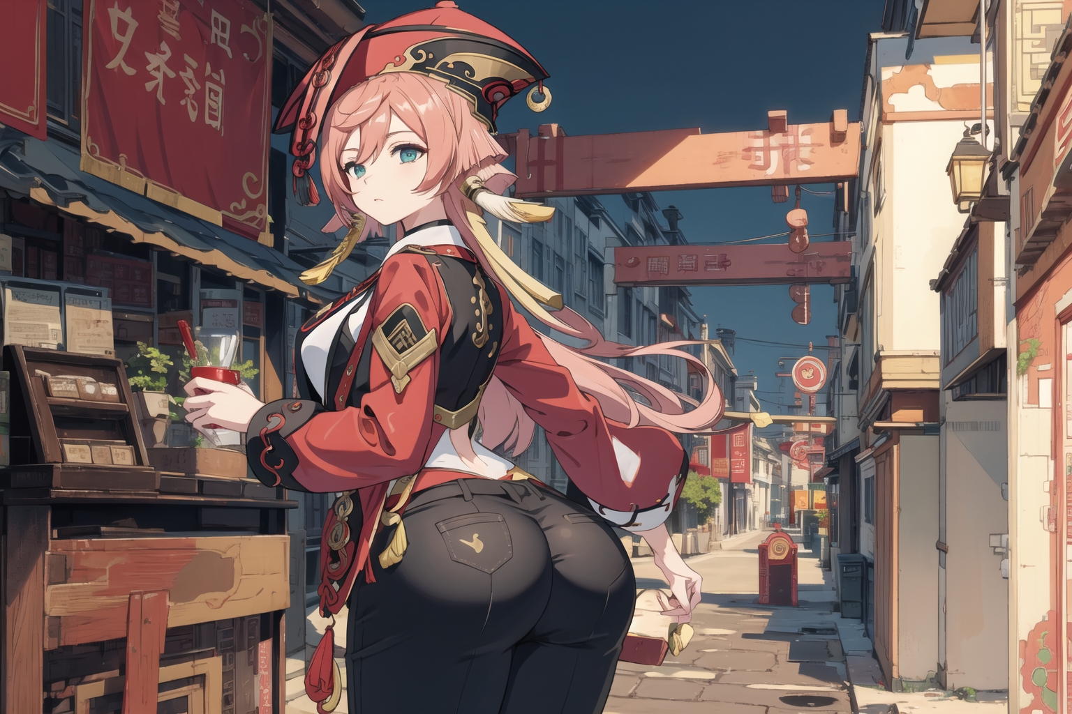 ai generated, alternate costume, antlers, ass, ass focus, blush, breasts, cameltoe, female, from behind, genshin impact, green eyes, hat, hip vent, huge ass, large breasts, long hair, looking at viewer, pants, pink hair, pussy, shiny, shiny clothes, shiny hair, shiny skin, sideboob, solo, tight pants, yanfei (genshin impact)