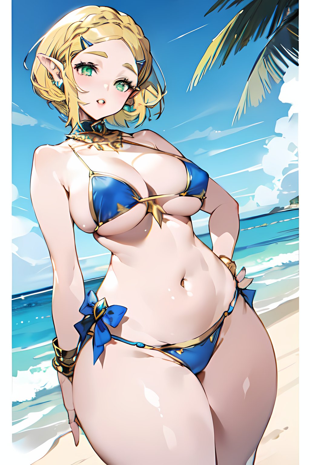ai generated, belly, belly button, bikini, blonde hair, blush, breasts, breath of the wild, cleavage, elf ears, female, female only, green eyes, midriff, nintendo, princess zelda, short hair, solo female, suicidespit, tears of the kingdom, the legend of zelda, thick thighs, wide hips, zelda (tears of the kingdom)