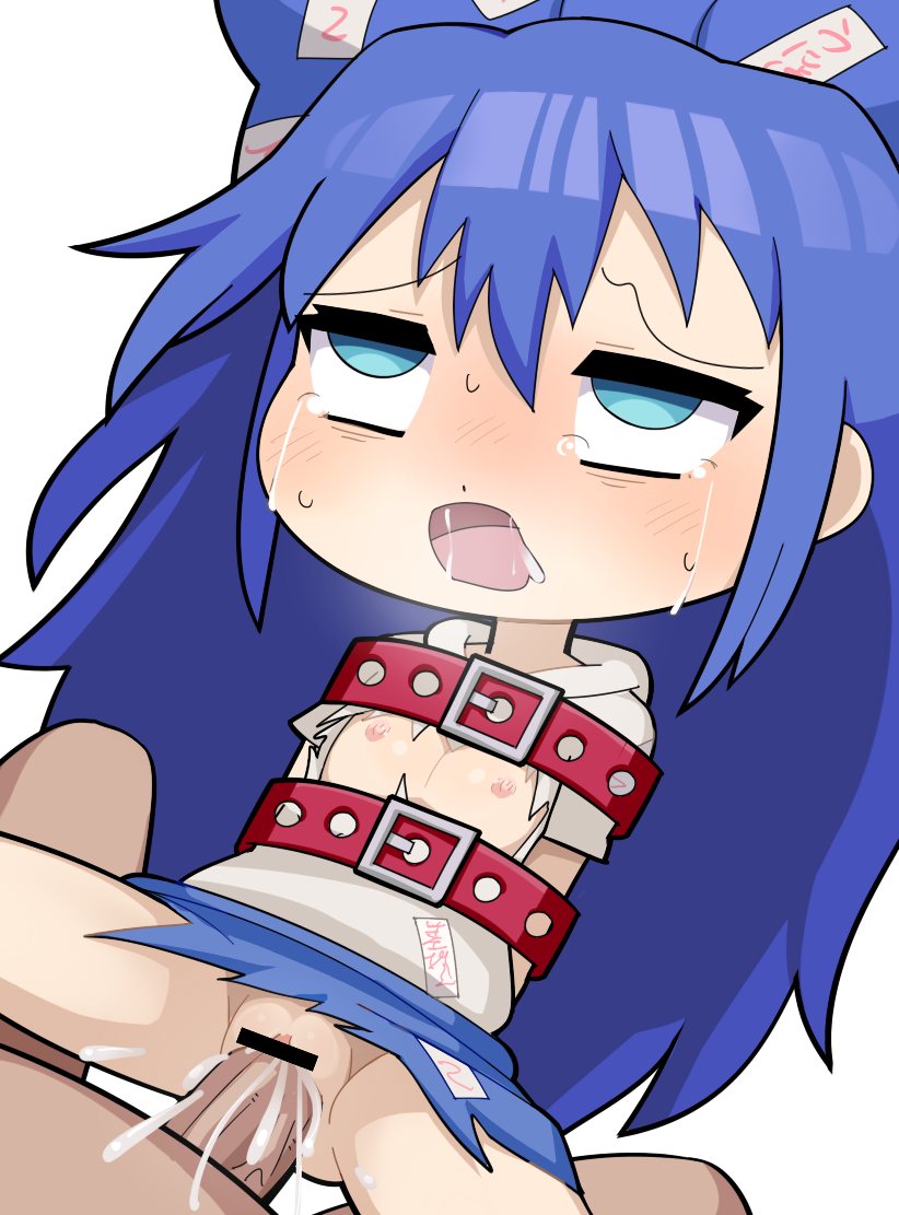 1boy bar_censor belt blue_bow blue_eyes blue_hair blue_skirt bound bound_arms bow censored clenched_teeth commentary cookie_(touhou) cowboy_shot crying crying_with_eyes_open cum cum_in_pussy cum_overflow debt ejaculation female flat_chest grey_hoodie hair_between_eyes hairbow hood hood_down hoodie hospital_king long_bangs long_hair motion_lines nipples penis pussy red_belt sex shion_yorigami short_sleeves simple_background skirt solo_focus straight tears teeth textless_version torn_clothes torn_hoodie torn_skirt touhou upturned_eyes vaginal_penetration white_background yorigami_shion zerukalo_(cookie)