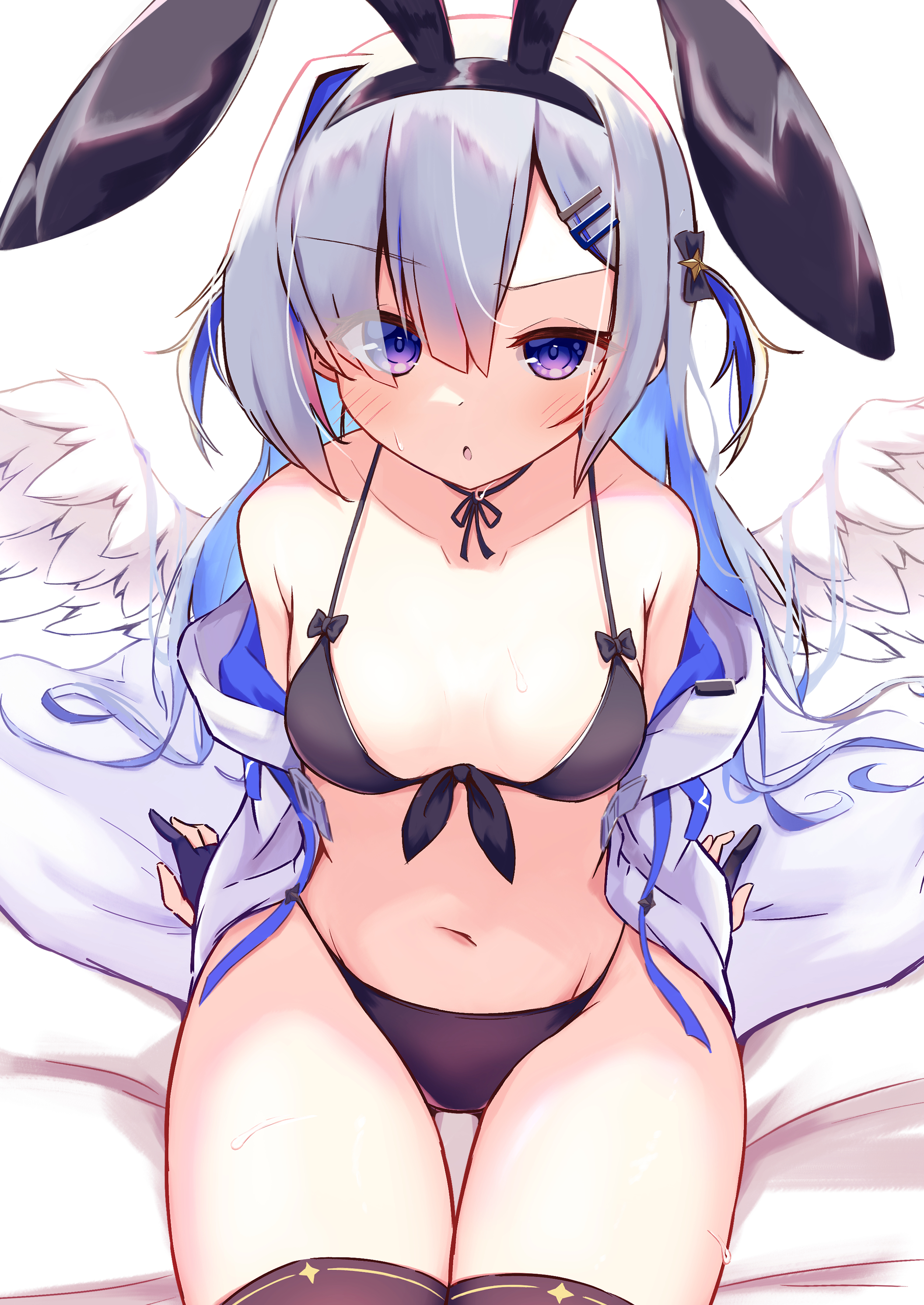 1girls, amane kanata, artist request, bikini, black legwear, blue eyes, blush, bunny ears, female, female only, hi res, holoforce, hololive, hololive japan, legwear, long hair, looking at viewer, multicolored hair, navel, sitting, solo, sweat, thigh gap, thighhighs, thighs, virtual youtuber, white hair, wings