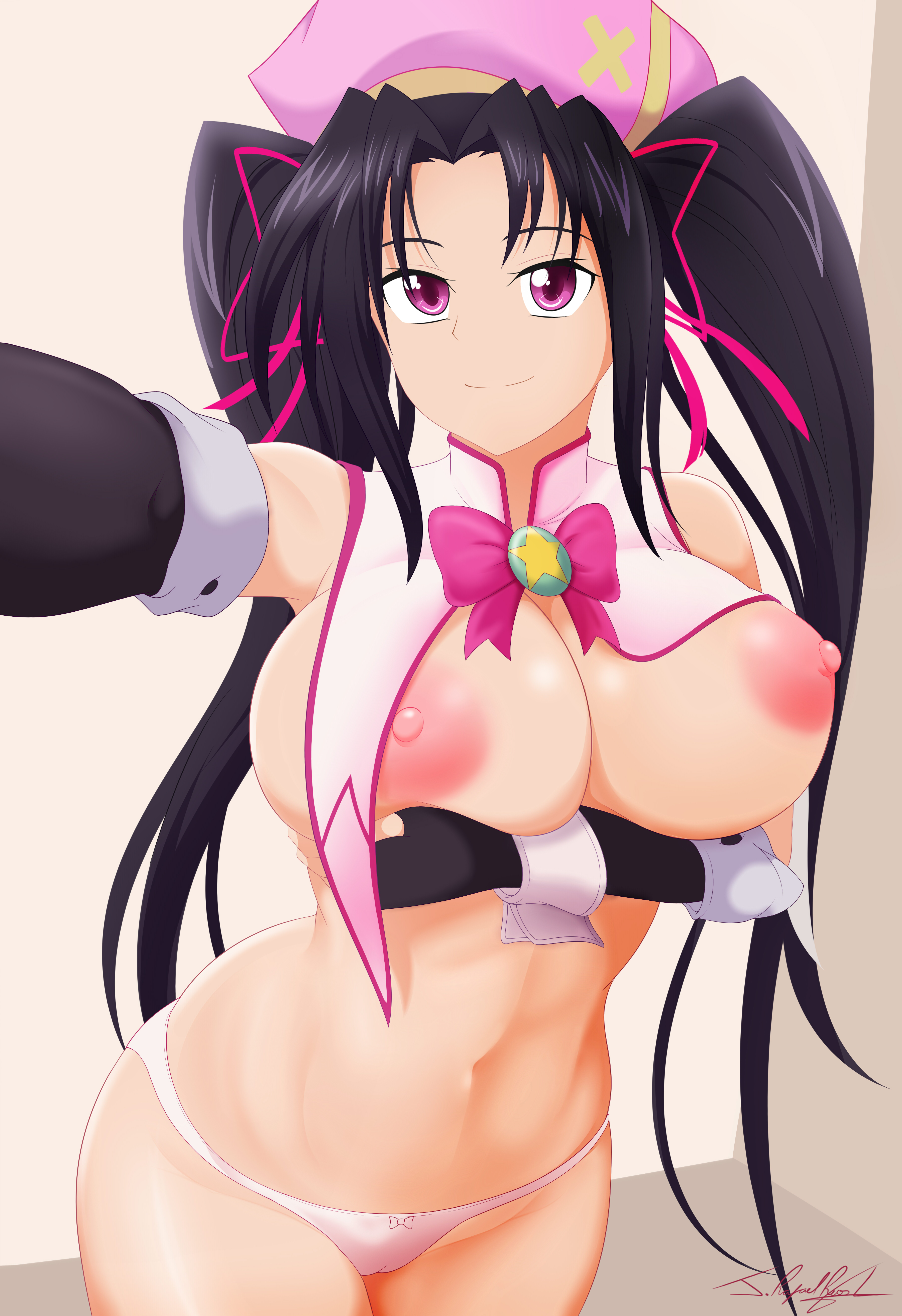 absurd res, black hair, breasts, breasts hold, commission, female, female only, high school dxd, large breasts, long hair, navel, neolink077, nipples, pink eyes, selfie, serafall leviathan, signature, smile, solo, solo female, twintails, underwear