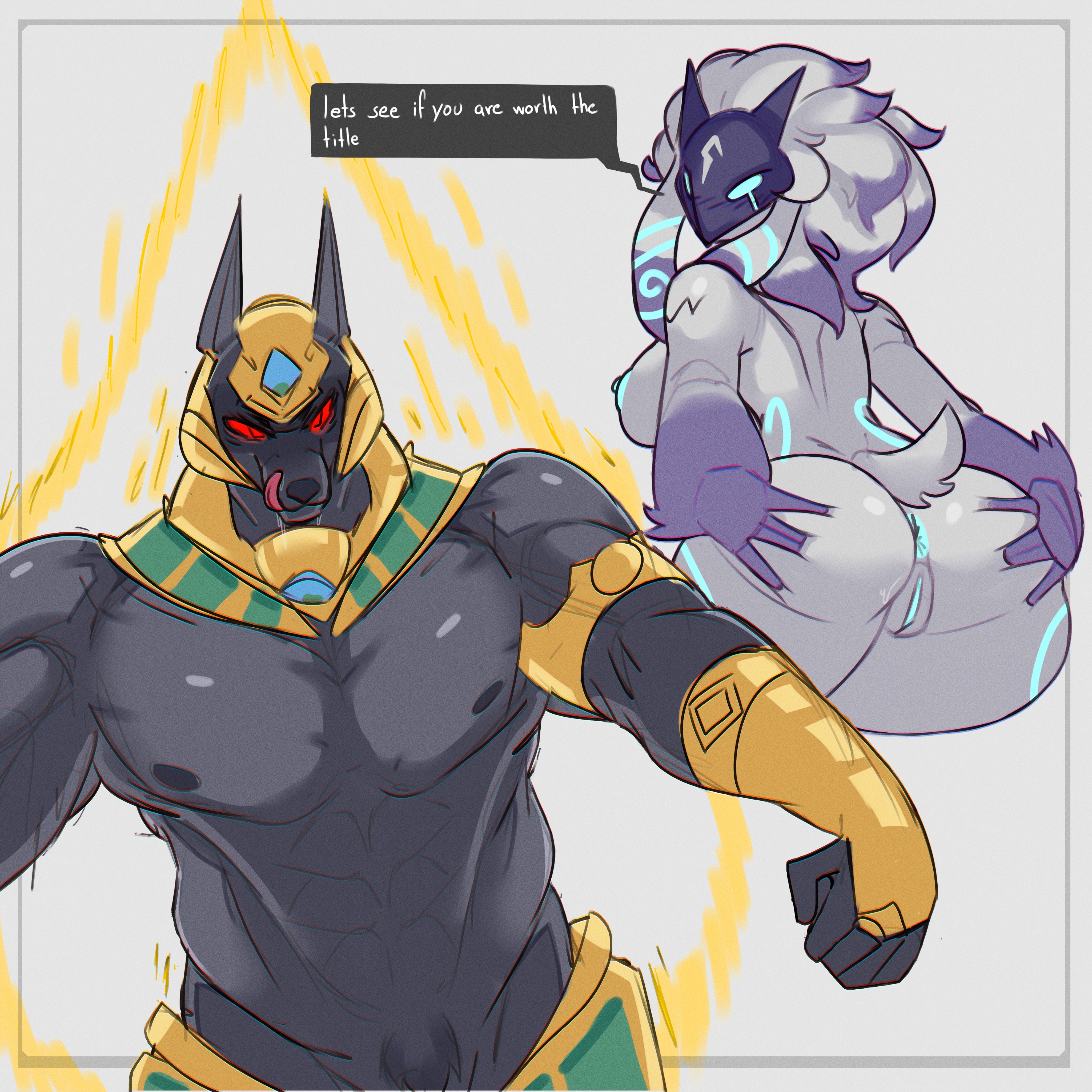 1boy, 1girls, black body, breasts, english dialogue, english text, female, female focus, furry, jackal, jackal humanoid, justnyarla, kindred, lamb, lamb (league of legends), league of legends, male, male/female, mask, medium breasts, nasus, presenting, presenting anus, presenting hindquarters, presenting pussy, pussy, riot games, white fur
