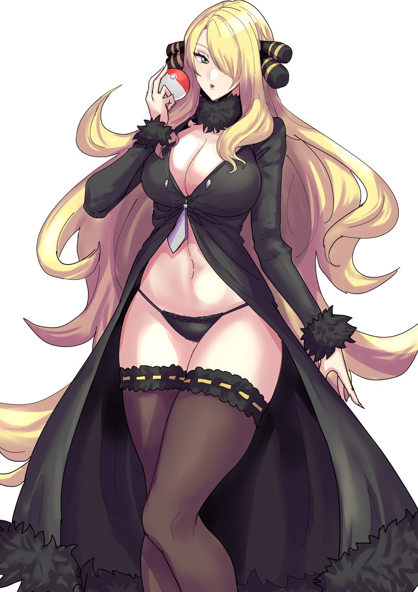 1girls, black coat, blonde hair, breasts, clash kuro neko, cleavage, cynthia (pokemon), female, female only, hair covering eye, hair ornament, holding object, holding poke ball, large breasts, long hair, open mouth, panties, pokeball, pokemon, pokemon (game), pokemon champion, pokemon dppt, solo, thick thighs, thighhighs, wide hips