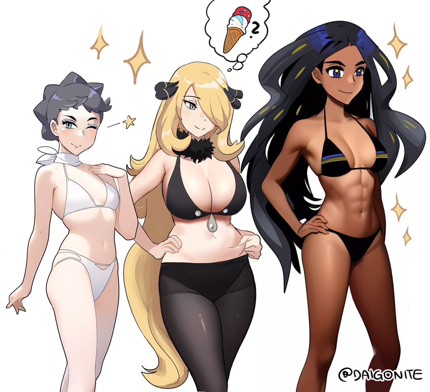 3girls, abs, big breasts, bikini, black bikini, black hair, black panties, blonde hair, blue eyes, breasts, carne (pokemon), cleavage, cynthia (pokemon), dark skin, dark-skinned female, diantha (pokemon), female, female only, geeta (pokemon), goro orb, ice cream, medium breasts, multiple females, multiple girls, omodaka (pokemon), one eye closed, one eye covered, panties, panties under pantyhose, pantyhose, pokemon, pokemon champion, pokemon dppt, pokemon sv, pokemon xy, shirona (pokemon), small breasts, smile, white background, white bikini, white panties, wink