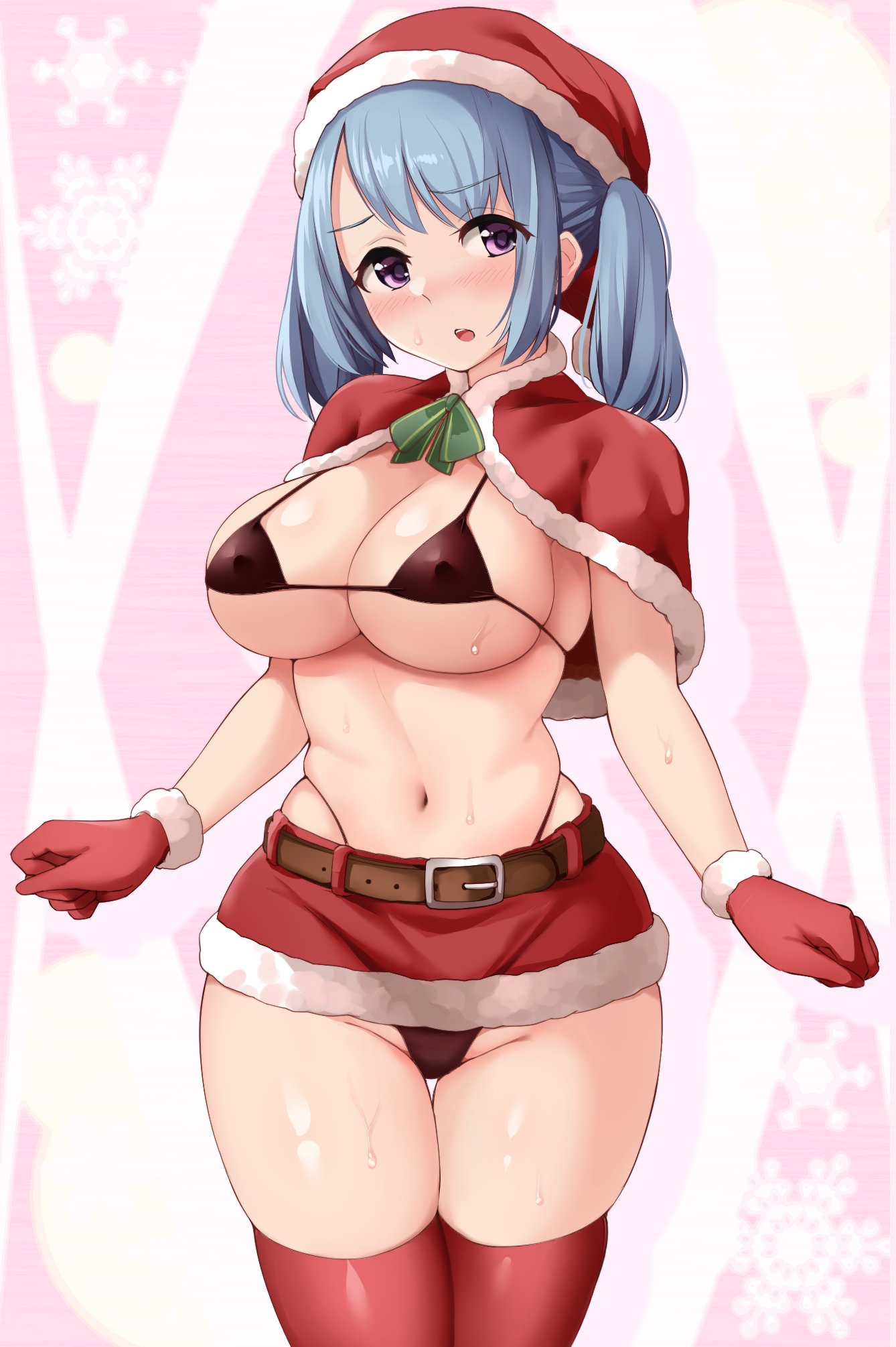 1girls absurd_res absurdres bed bedroom bikini blue_eyes blue_hair blush blush_lines censored christmas christmas_outfit cum cum_on_breasts cum_on_stomach curvaceous curvy curvy_body curvy_female curvy_figure embarrassed embarrassed_nude_female female_only high_resolution highres human human_only japanese_text light-skinned_female light_skin magia_record:_mahou_shoujo_madoka_magica_gaiden magical_girl mahou_shoujo_madoka_magica minami_rena naked naked_female nervous nude nude_female puella_magi_madoka_magica santa_costume short_hair solo solo_female solo_focus translation_request zwei_(santanawamuujojo)