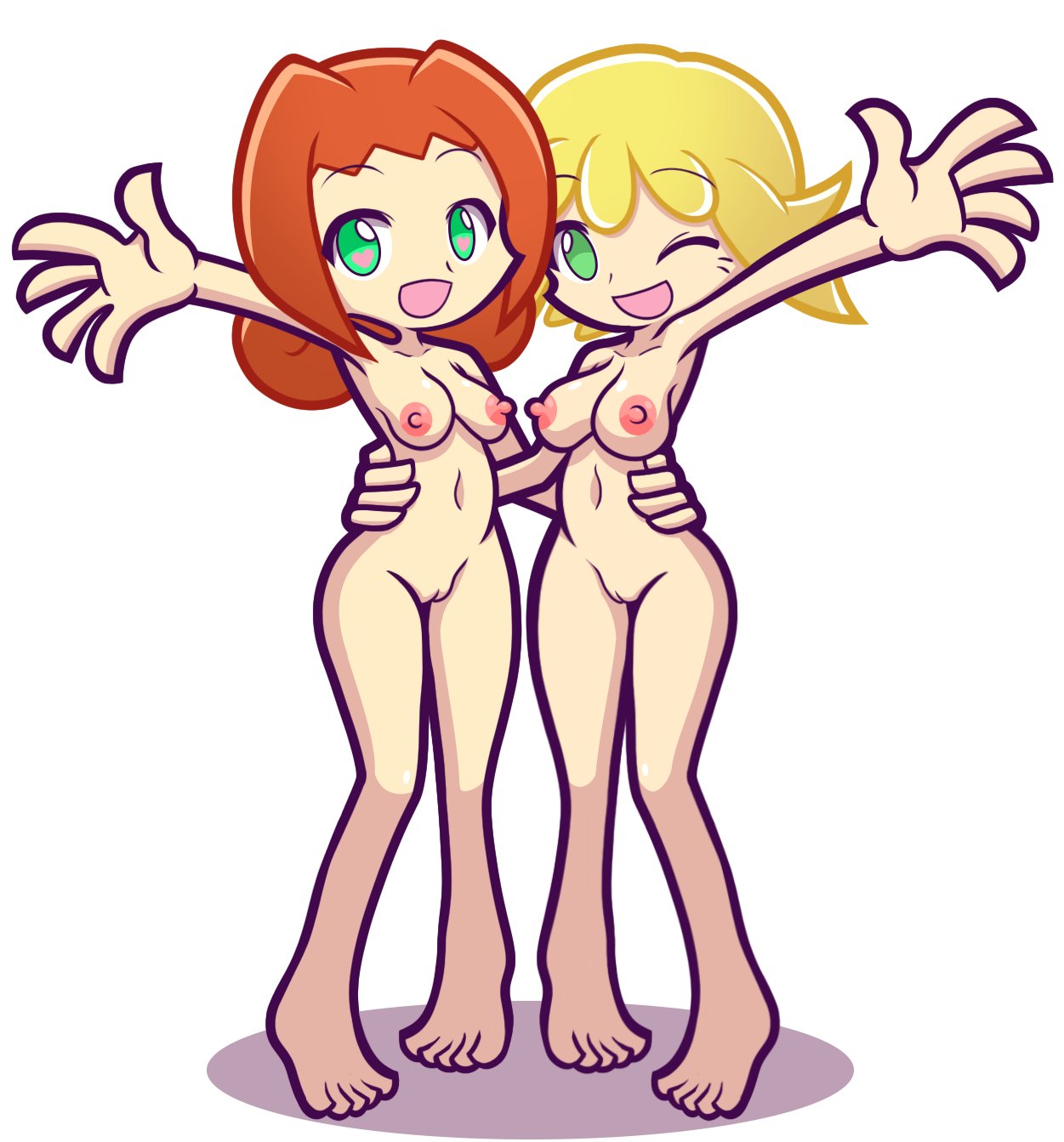 2girls accurate_art_style ally_(puyo_puyo) amitie ass big_breasts blonde_hair breasts furii_(artist) green_eyes heart-shaped_pupils large_breasts multiple_girls naked nipples one_eye_closed orange_hair pussy puyo_puyo puyo_puyo_artstyle puyo_puyo_fever sega simple_background thighs