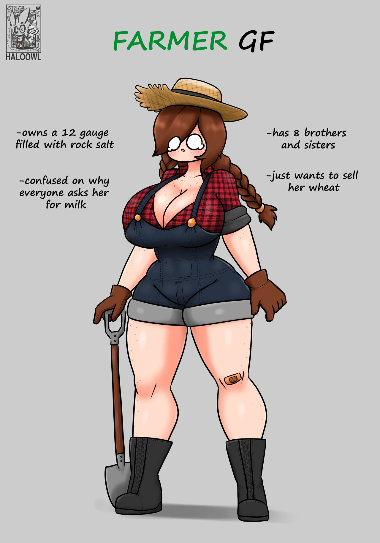bandage, bandaged leg, big breasts, breasts, brown hair, brown-haired female, curvaceous, curvy, farmer, female, freckles, haloowl, huge breast, huge breasts, ideal gf, large breast, large breasts, massive breasts, overalls, shovel, solo, sweater, thick thighs, twin braids, twintails, voluptuous, voluptuous female