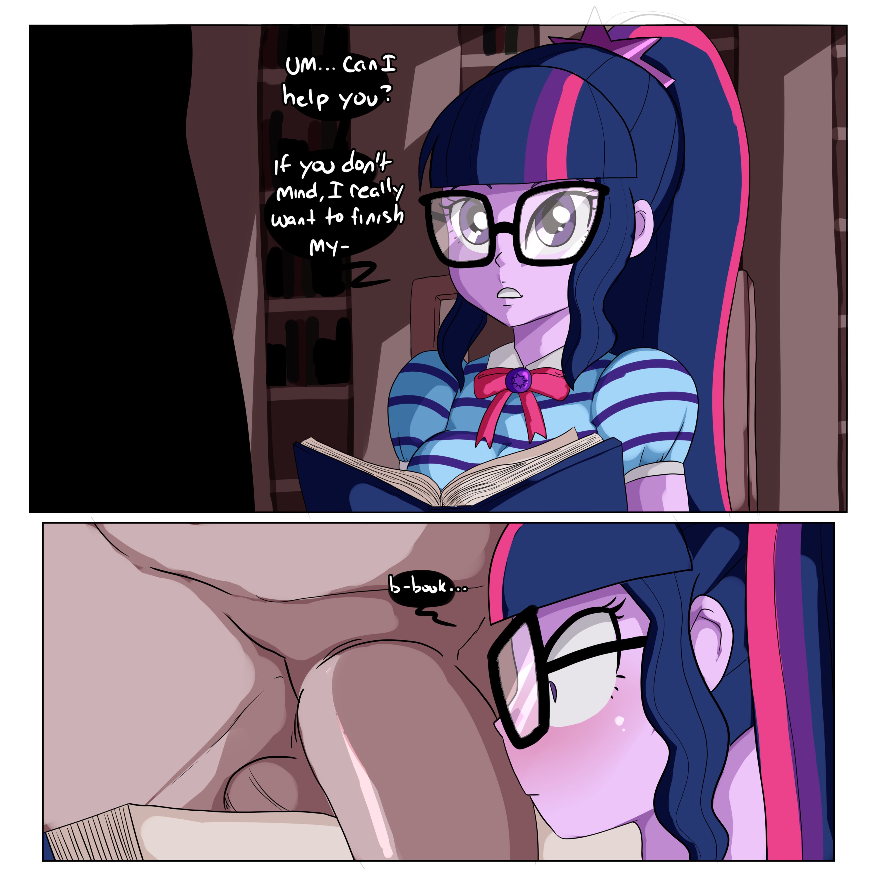 1boy, 1girls, big penis, blue hair, blush, clothed female nude male, comic, dark skin, dark-skinned male, english text, equestria girls, exhibitionism, female, friendship is magic, glasses, hasbro, inuyuru, male, my little pony, penis, ponytail, purple eyes, purple skin, sci-twi, speech bubble, unseen male face