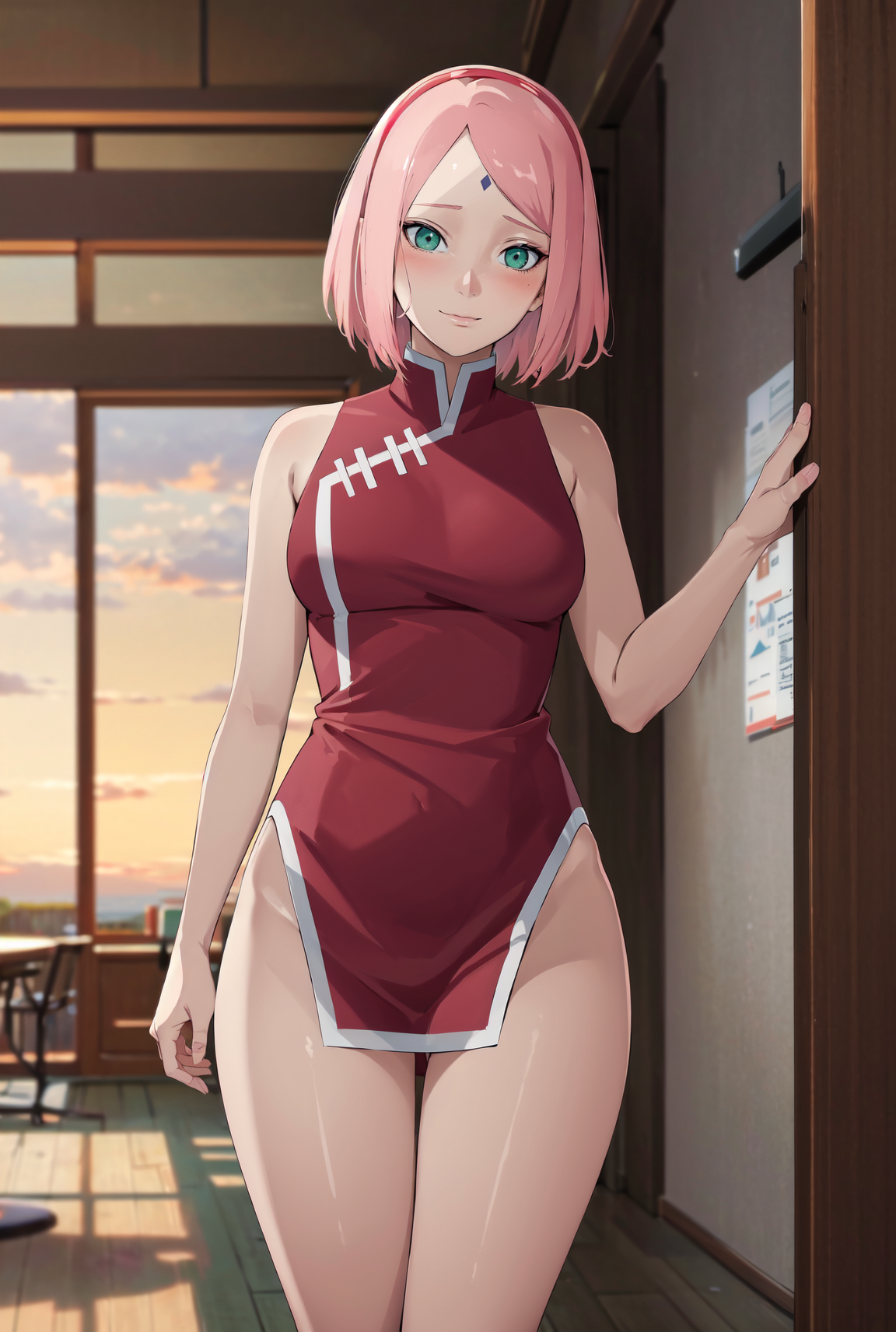 1girls, ai generated, arm support, bare legs, bare shoulders, blush, boruto: naruto next generations, bottomless, breasts, china dress, chinese clothes, curvaceous, dress, female, forehead mark, green eyes, half-dressed, jordan53, legs together, long hair, looking at viewer, mature, mature female, milf, nai diffusion, naruto, naruto (series), no pants, partially clothed, petite, pink hair, sakura haruno, sitting, sleeveless, smile, solo, solo focus, stable diffusion, standing, wide hips