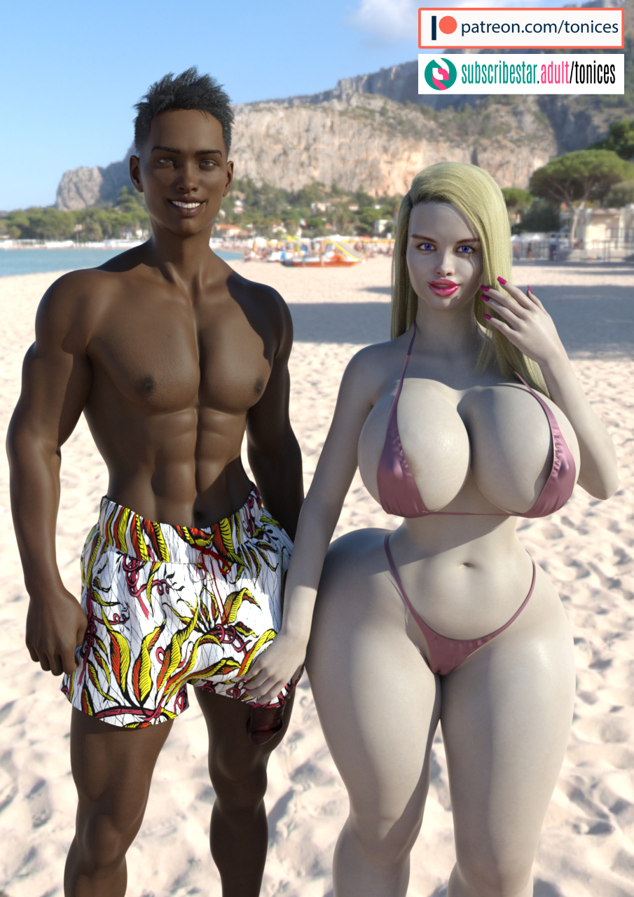 1boy, 1girls, 3d, ass, beach, big ass, big breasts, bimbo, breasts, busty, cleavage, curvaceous, curvy, curvy figure, dark skin, dark-skinned male, eyebrows, eyelashes, eyes, female, gigantic breasts, hair, hips, hourglass figure, huge ass, huge breasts, human, hyper breasts, interracial, kevin (tonices), large ass, large breasts, legs, light skin, light-skinned female, lips, lorrayne hart, lory (tonices), male, massive breasts, original, original character, original characters, thick, thick hips, thick legs, thick thighs, thighs, tonices, top heavy, upper body, voluptuous, waist, wide hips