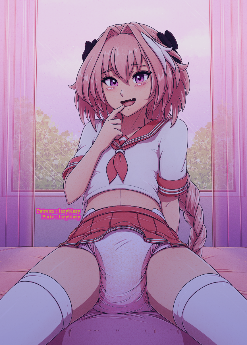 1boy astolfo_(fate) bed braided_ponytail diaper diaper_under_clothing fate/apocrypha fate/grand_order fate_(series) femboy hairbow lazyblazy lazyblazy_(artist) looking_at_viewer on_bed pink_eyes pink_hair pink_skirt ponytail school_uniform serafuku shirt sitting skirt solo solo_male streaked_hair thighhighs trap white_shirt white_streak window