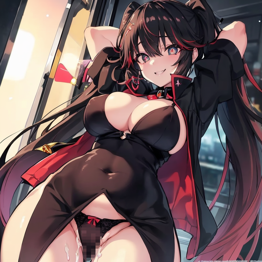 1girls ai_generated black_hair blush cum_in_pussy cum_inside female female_focus grin hands_behind_head hi_res indoors large_breasts lucia_(punishing:_gray_raven) mosaic_censoring nightgown nude panties punishing:_gray_raven red_eyes red_hair robot_girl standing twintails