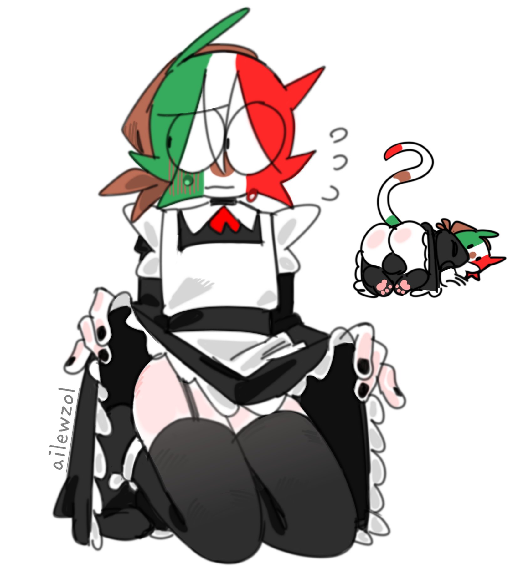 1boy, ailewzol, animal ears, animal tail, black nail polish, cat ears, cat tail, clothing, countryhumans, femboy, gay, gay male, legwear, maid, maid headdress, maid uniform, male, male only, mexico (countryhumans), sweat, sweatdrop, yaoi