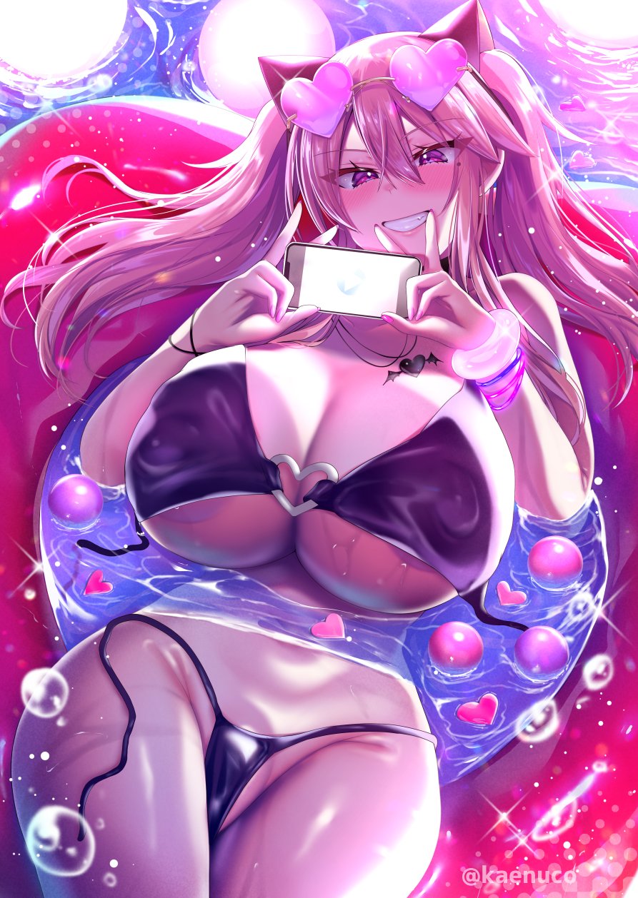 big_breasts bikini blonde_hair cleavage curvy hourglass_figure huge_breasts invitation inviting kaenuco looking_at_viewer mia_(kaenuco) original peace_sign phone pool pool_toy sunglasses_on_head swimsuit twintails untied_bikini water wide_hips