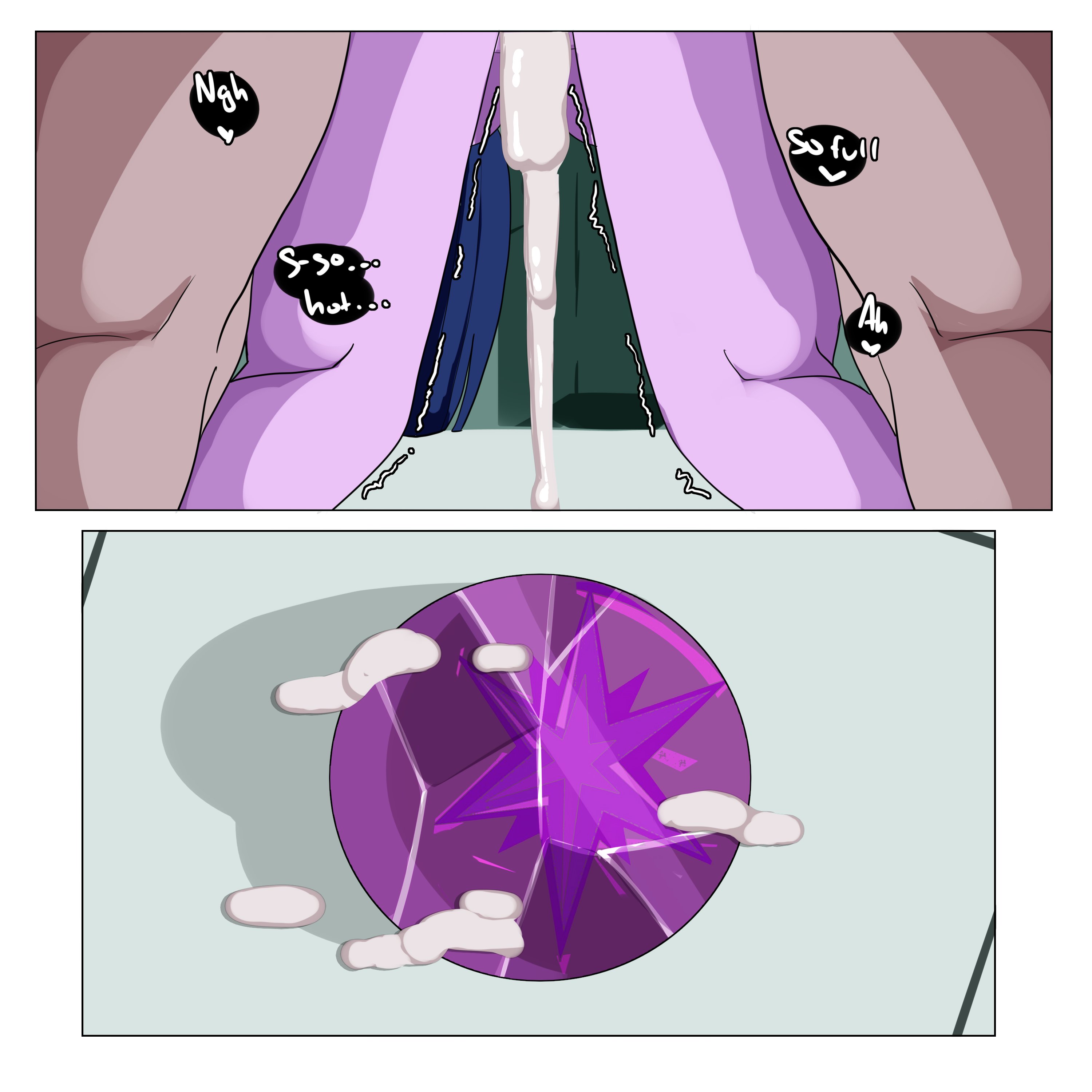 1boy, 1girls, blue hair, comic, cum, cum drip, cum in pussy, cum inside, cum leaking, cum string, english text, equestria girls, female, inuyuru, male, medallion, my little pony, purple skin, pussy, sci-twi, shivering, speech bubble, unseen male face