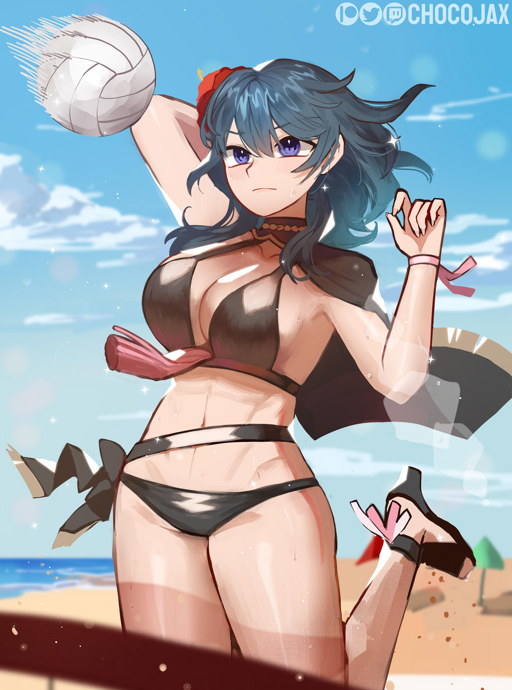 1girls alternate_costume artist_name beach belt bikini black_belt black_bikini black_cape black_footwear black_swimsuit blue_eyes blue_hair blue_sky breasts byleth_(fire_emblem) byleth_(fire_emblem)_(female) cape chocojax cleavage cloud commentary day female female_only fire_emblem fire_emblem:_three_houses fire_emblem_heroes flower hair_flower hair_ornament high_heels highres large_breasts medium_hair navel nintendo official_alternate_costume outdoors red_flower sandals sky solo stomach swimsuit teal_hair thighs volleyball