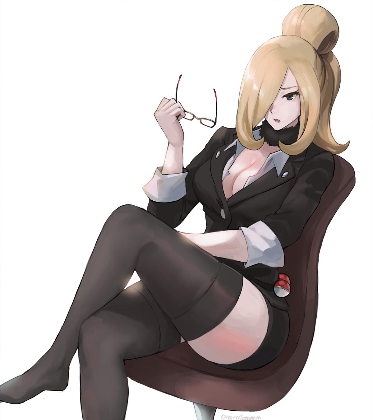 1girls black_eyes black_jacket black_skirt blonde_hair breasts ceo chair collared_shirt crossed_legs cynthia_(pokemon) female female_only fur_collar fur_tuft glasses hair_bun hair_over_one_eye holding_glasses jacket large_breasts nintendo office_lady pokeball pokemon pokemon_dppt shirt sitting_on_chair skirt solo thighhighs tommietomm tommy_(kingdukeee) white_background white_shirt