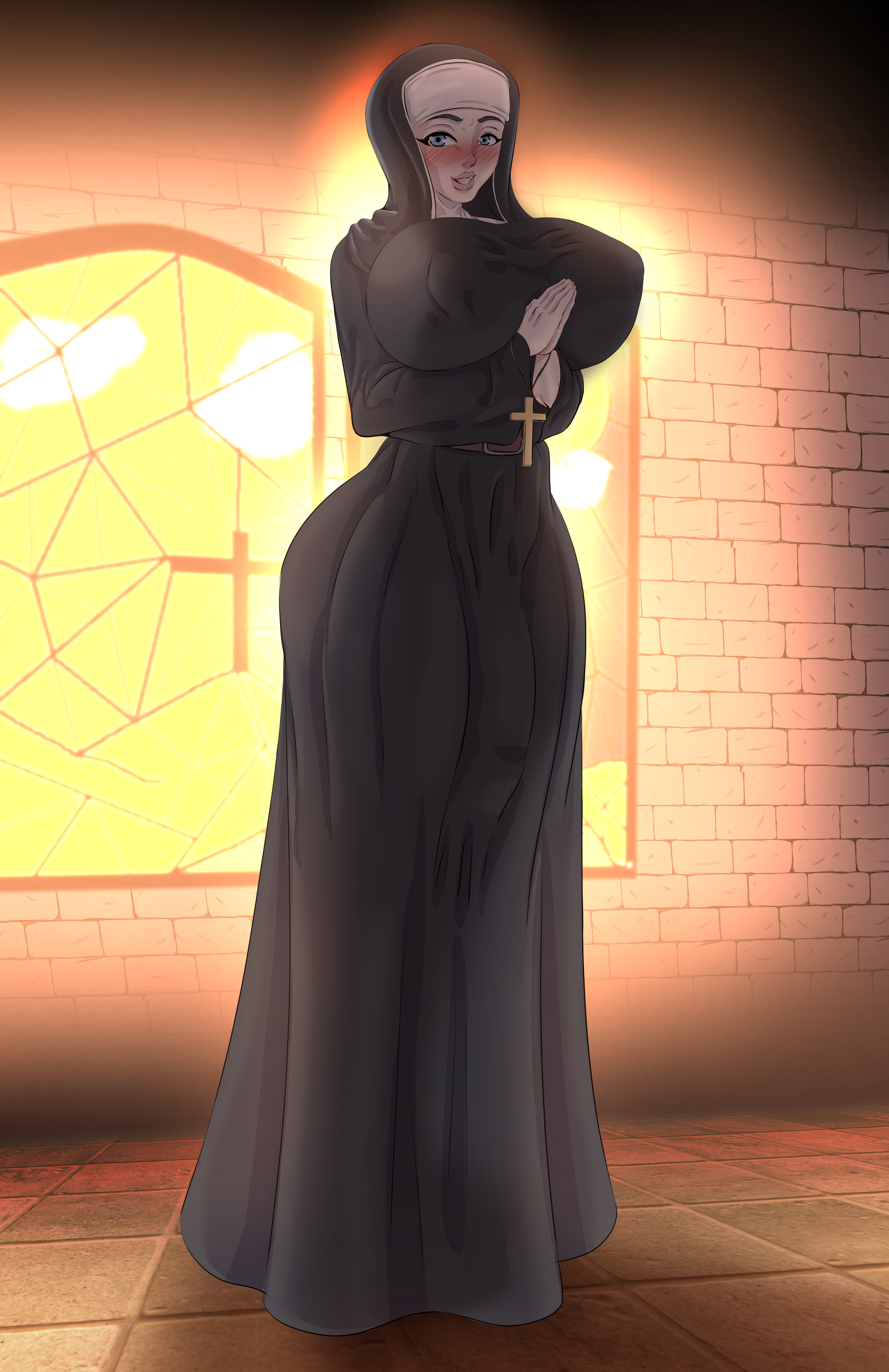 1futa, big penis, breasts, bulge, cameltail, clothed, clothing, flaccid, fully clothed, futa only, futanari, huge breasts, human, intersex, karuro-kun, light skin, light-skinned futa, nun, nun futa, nun's habit, paid reward, penis, penis under dress, praying, solo, standing, thick thighs, voluptuous, wide hips