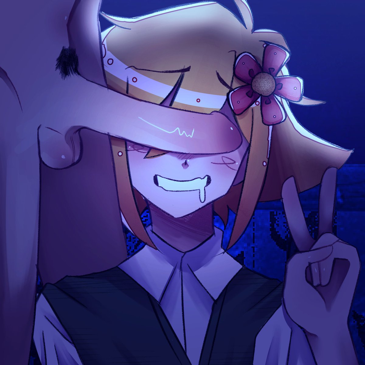 basil (omori), blush, drooling, eyeinfectiion , femboy, gay, male, male only, male pubic hair, omori, penis, penis on face, pubic hair, smiling