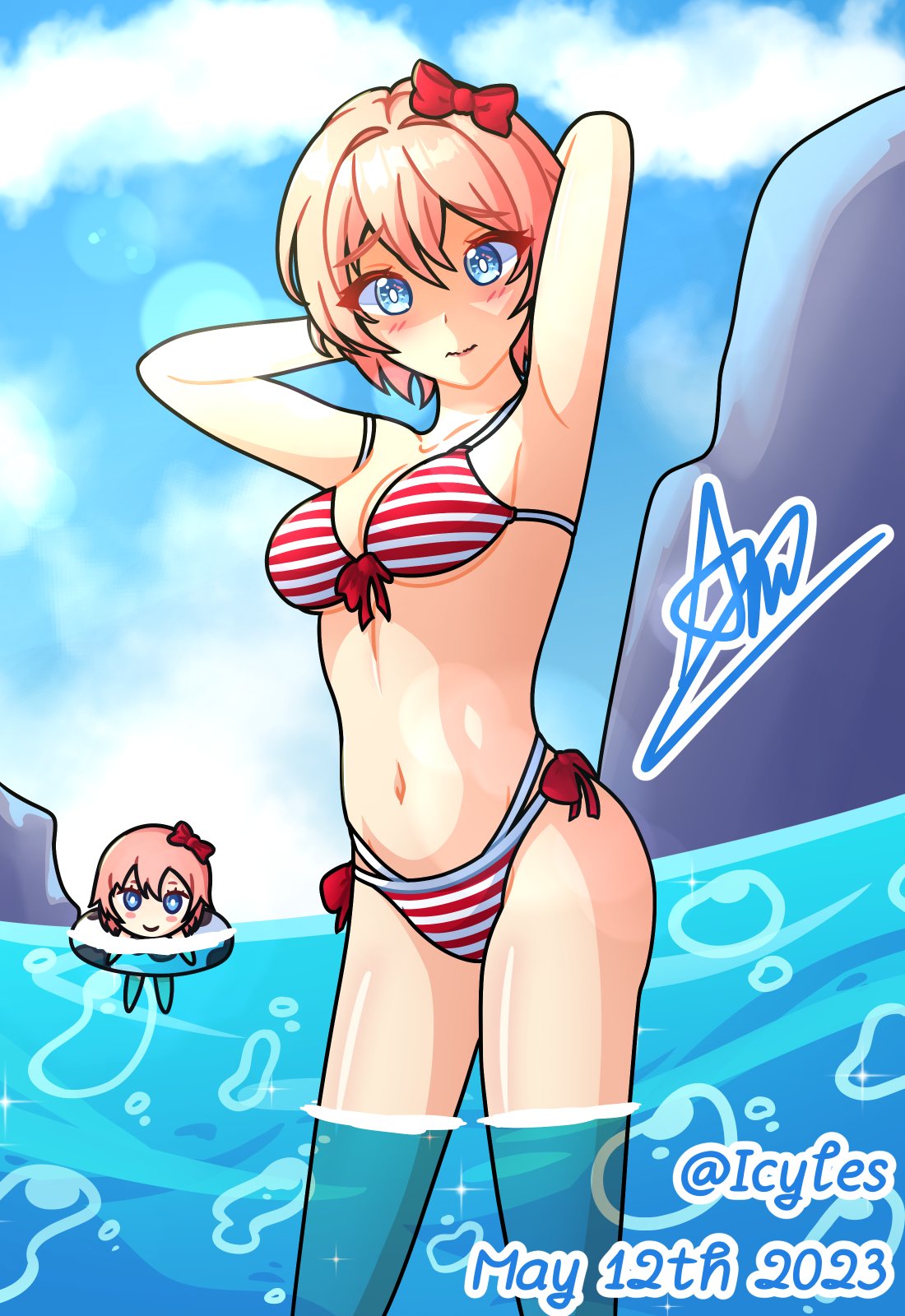 1girls 2023 bikini bikini_bottom bikini_top blue_eyes blush bow breasts chibi cleavage dated doki_doki_literature_club english_text female floaty_tube hairbow hands_behind_head hapicyles just_sayori lifesaver red_bow red_hair_bow red_hairbow sayori_(doki_doki_literature_club) signature strawberry_blonde_hair striped_bikini text twitter_username water