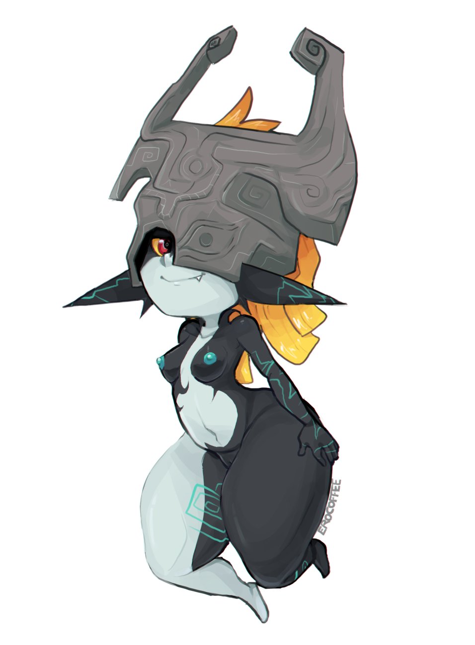 2023 armor blonde_hair blue_nipples breasts erocoffee female full-length_portrait genitals hair headgear headgear_only helmet helmet_only hi_res humanoid humanoid_pointy_ears imp looking_at_viewer midna multicolored_body multicolored_skin nintendo nipples not_furry one_eye_obstructed portrait pussy simple_background solo the_legend_of_zelda twili twilight_princess two_tone_body two_tone_skin white_background wide_hips