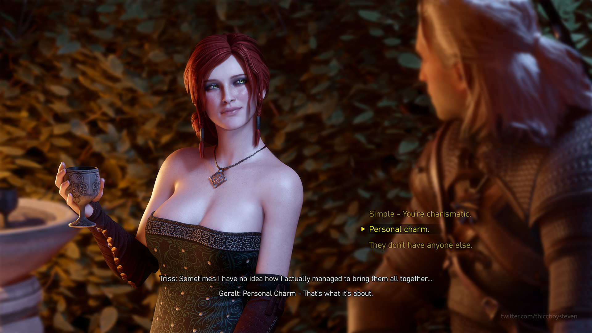 1boy, 1girls, 3d, cd projekt red, dress, female, garden, geralt of rivia, green eyes, light skin, light-skinned female, light-skinned male, looking at partner, male, necklace, outdoors, red hair, the witcher (series), the witcher 3: wild hunt, thiccboysteven, triss merigold