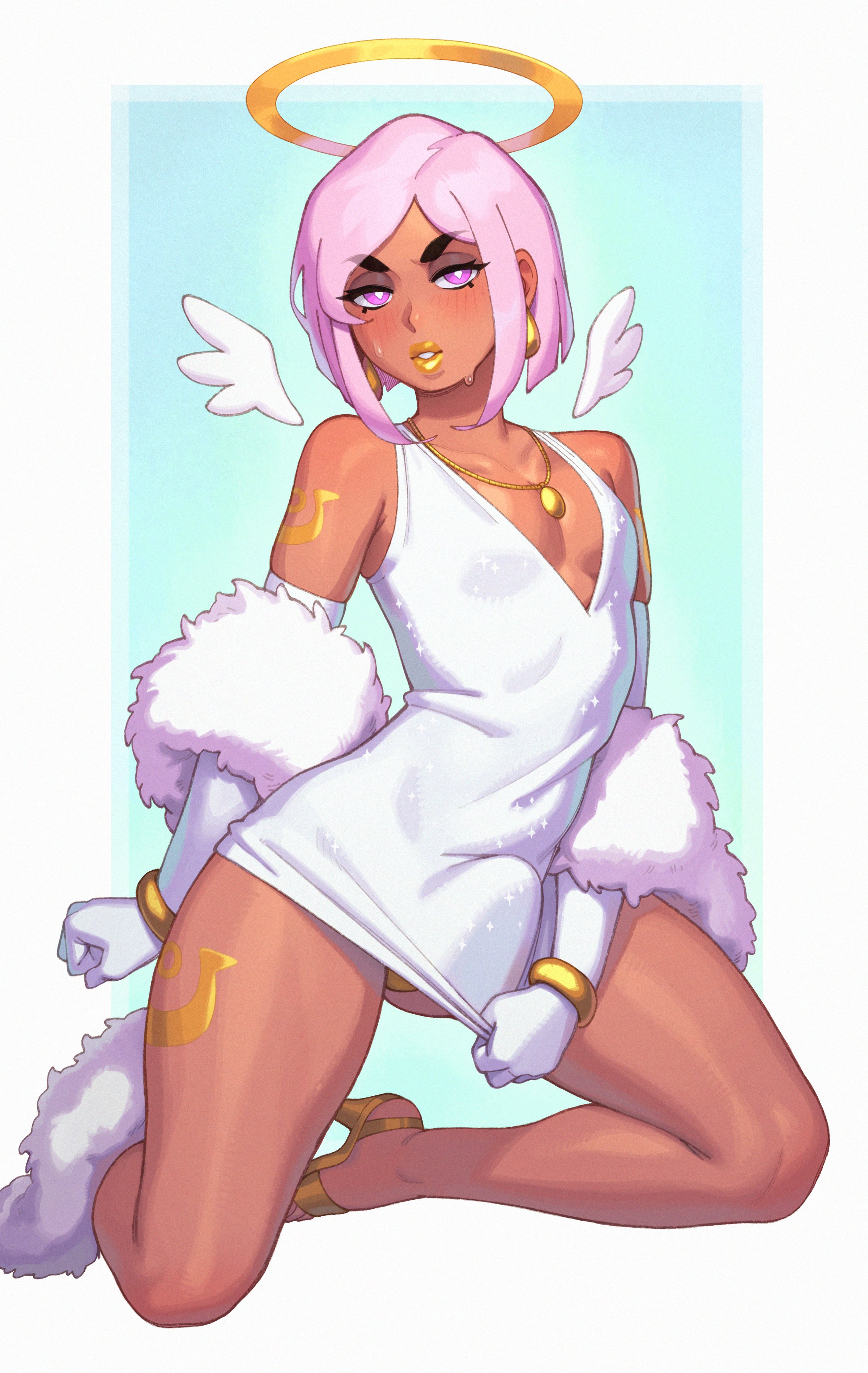1boy, 2023, absurd res, angel, angel wings, anhel (loggus doggus), arm gloves, black eyebrows, blush, bracelets, bulge, cleavage, commission, crossdressing, dress, earrings, erection, erection under clothes, eyelashes, eyeliner, eyeshadow, femboy, flat chest, girly, gloves, gold lipstick, halo, heels, hi res, high heels, kneeling, lingerie, lipstick, long gloves, looking at viewer, makeup, male, male only, medium hair, narrowed eyes, necklace, on knees, original, original character, panties, penis, pink eyes, pink hair, rizdraws, short dress, solo, sweat, tan skin, thick eyebrows, very high resolution, wings